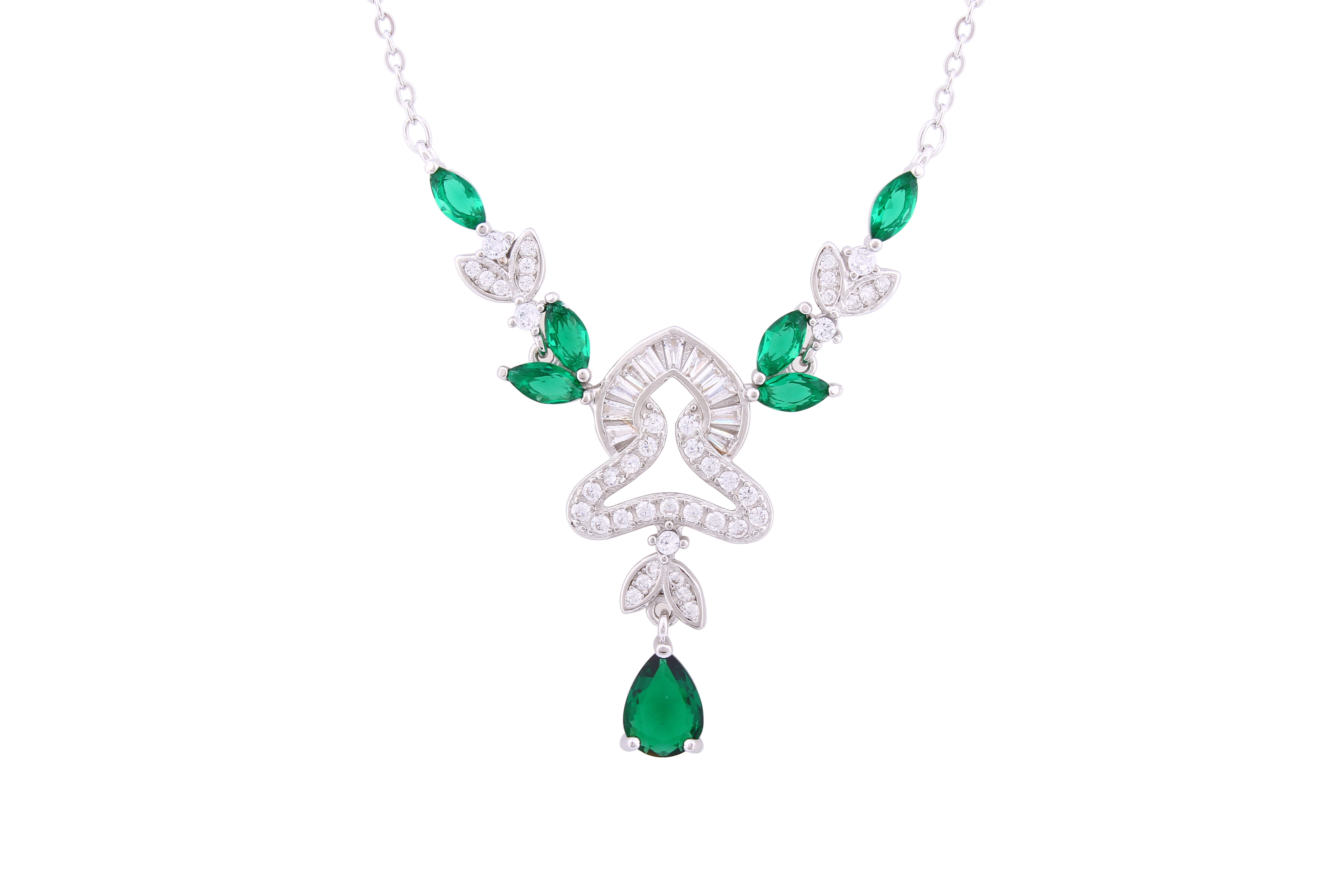 Asfour Crystal Chain Necklace With Emerald Art Deco Design In 925 Sterling Silver ND0184-WG