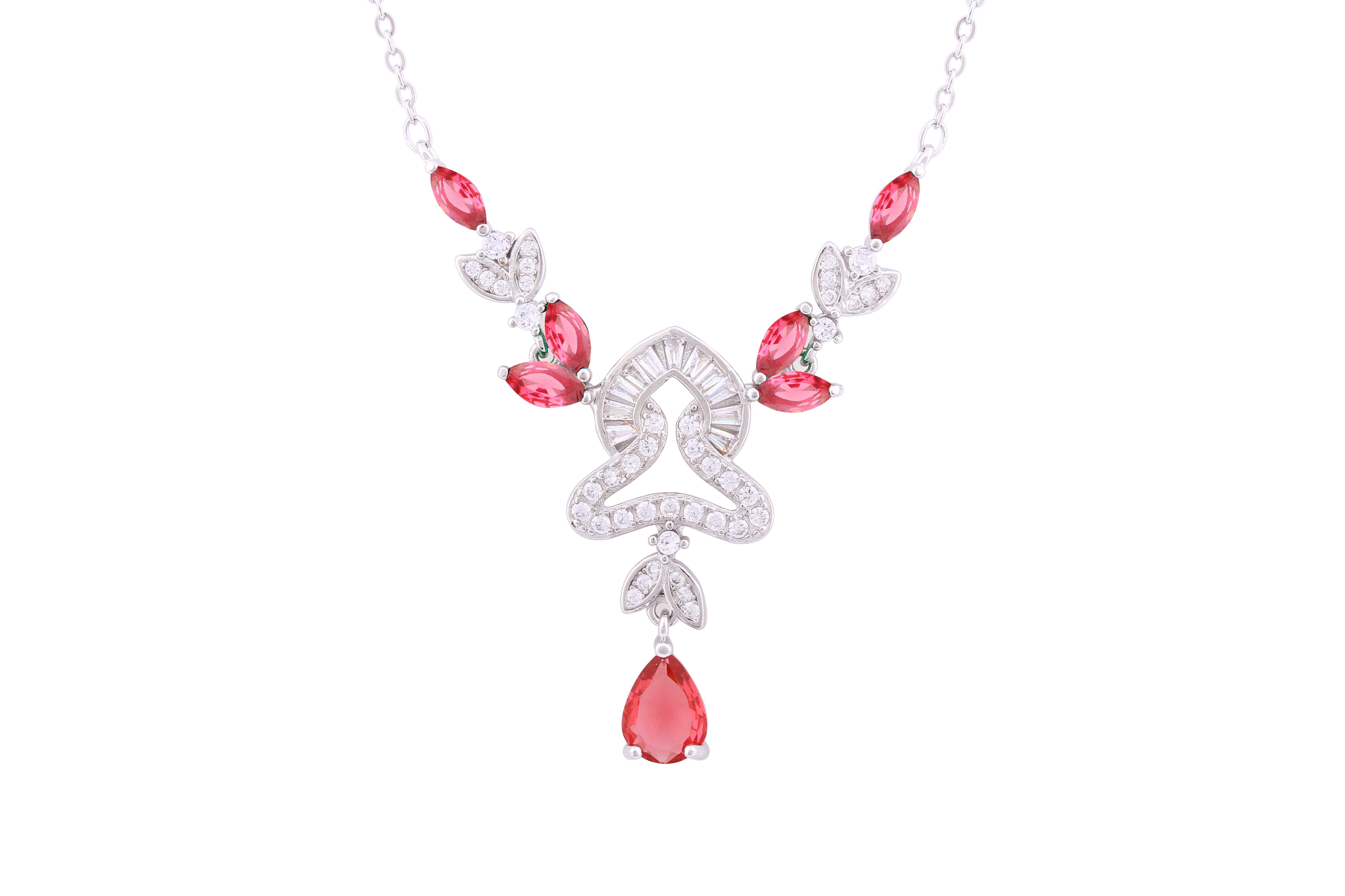 Asfour Crystal Chain Necklace With Dark Rose Art Deco Design In 925 Sterling Silver ND0184-WO5