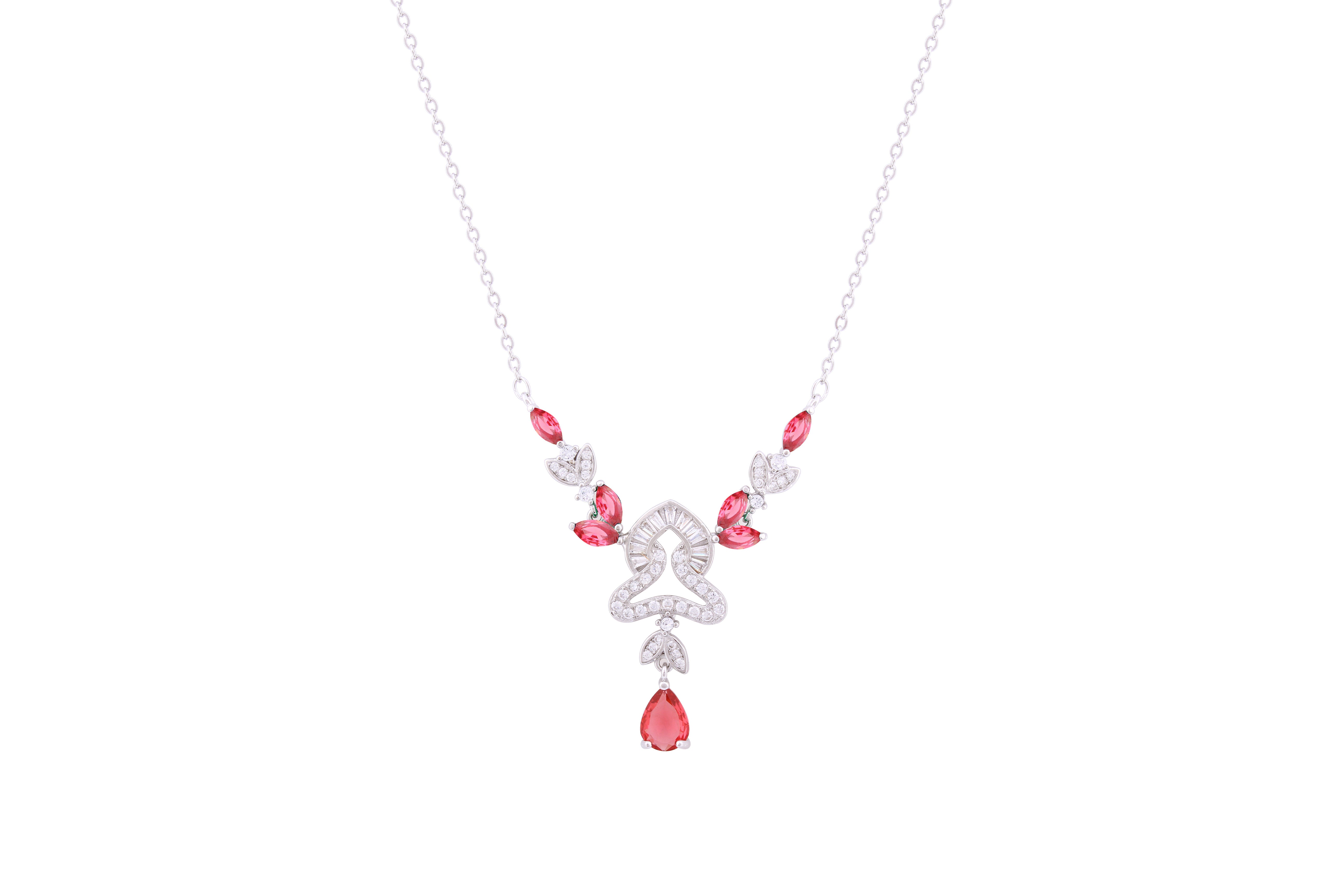 Asfour Crystal Chain Necklace With Dark Rose Art Deco Design In 925 Sterling Silver ND0184-WO5