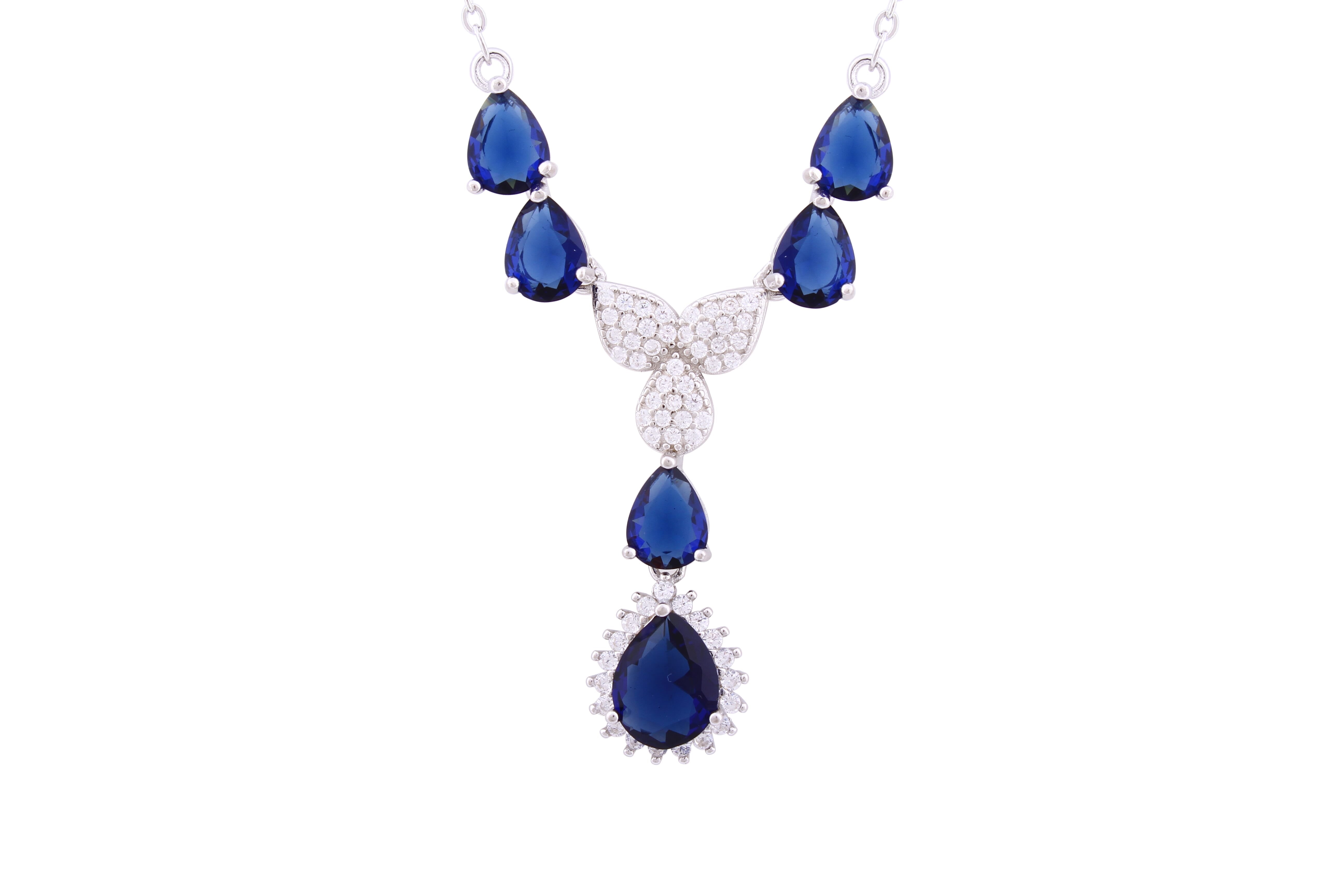 Asfour Crystal Chain Necklace With Blue Y Design Inlaid With Zircon In 925 Sterling Silver ND0186-WB