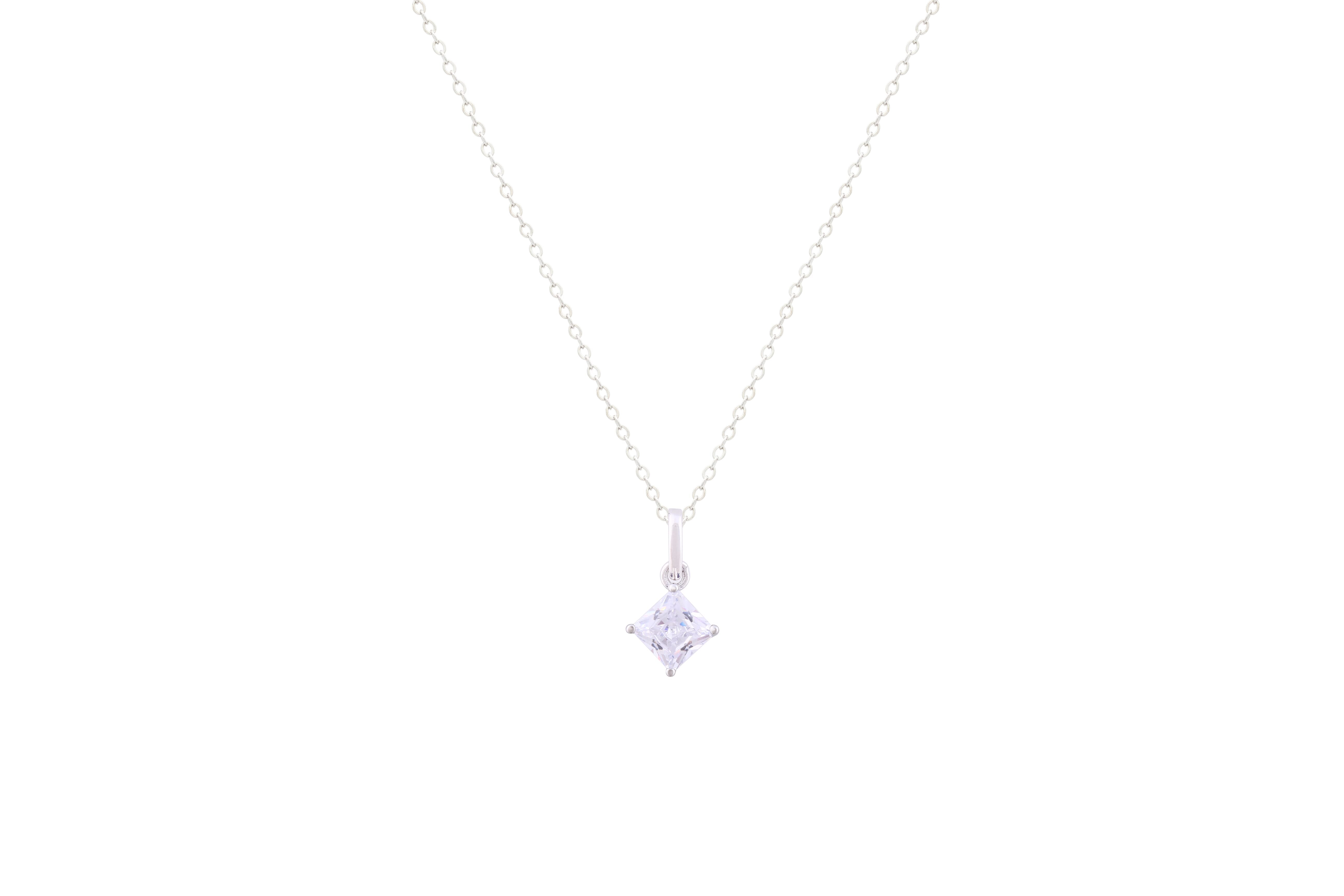 Asfour Crystal Chain Necklace With Princess Cut Zircon Pendant In 925 Sterling Silver-ND0192-W