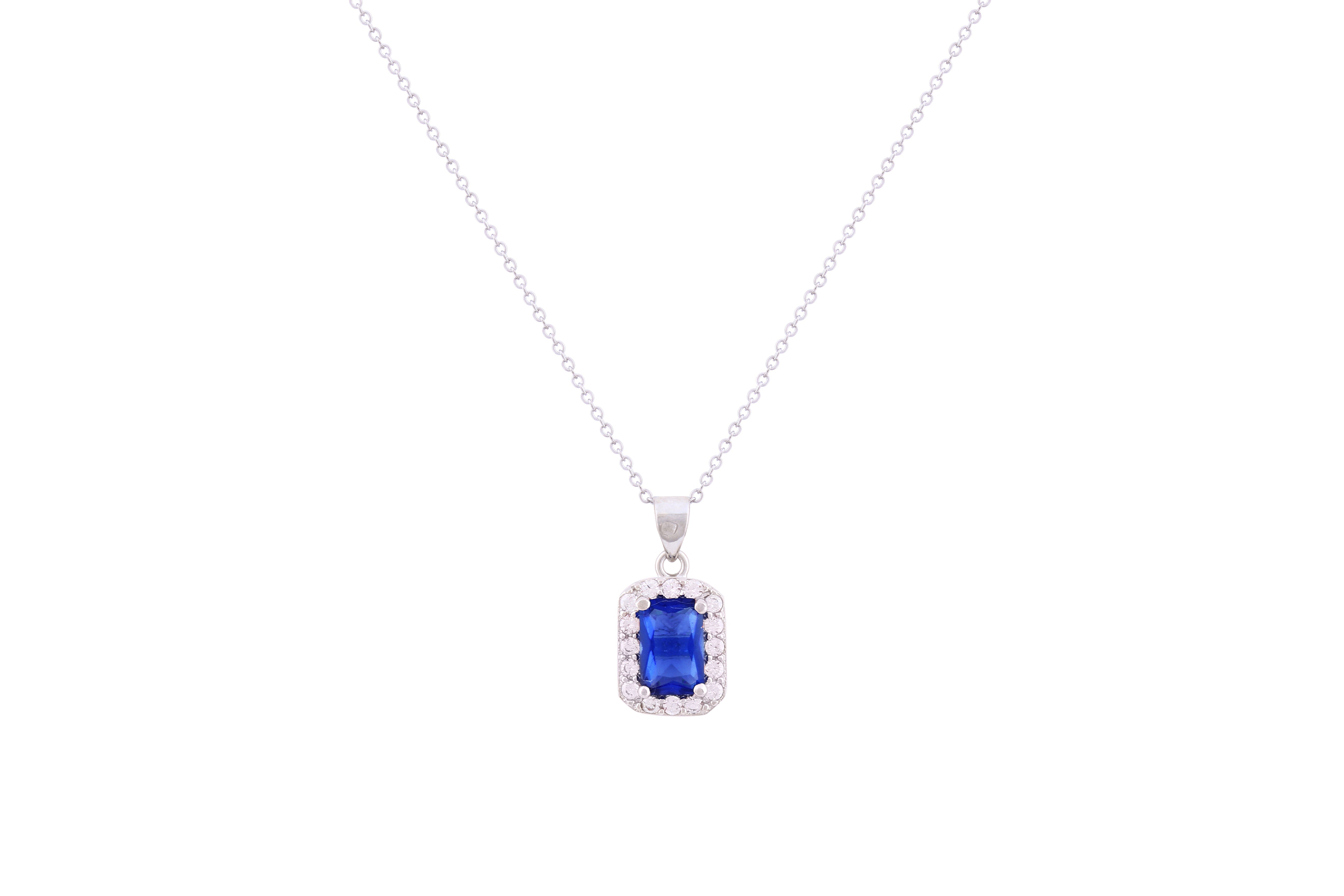 Asfour Crystal Chain Necklace With Blue Emerald Zircon Pendant In 925 Sterling Silver ND0201-B