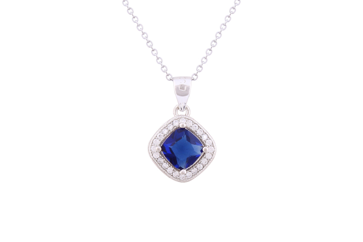 Asfour Crystal Chain Necklace With Cushion Cut Blue Halo Pendant In 925 Sterling Silver ND0202-B