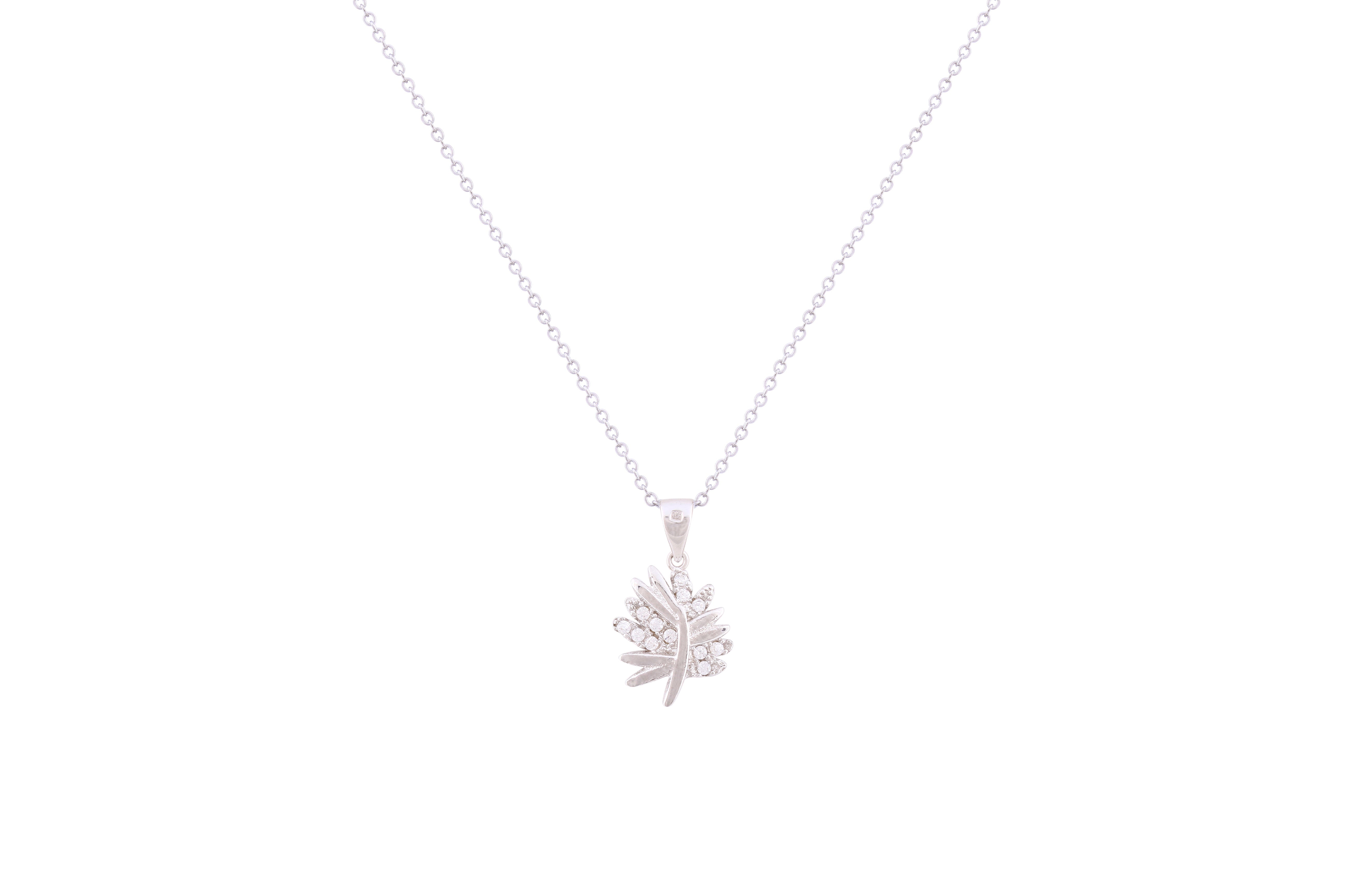 Asfour Crystal Chain Necklace With Leaf Pendant In 925 Sterling Silver ND0212