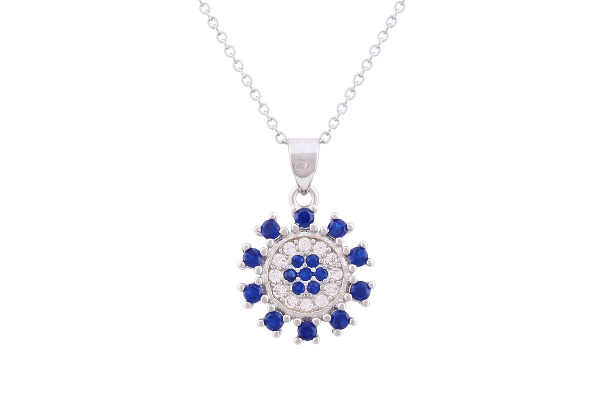 Asfour Crystal Chain Necklace With Blue & Clear Round Pendant In 925 Sterling Silver ND0213-WB