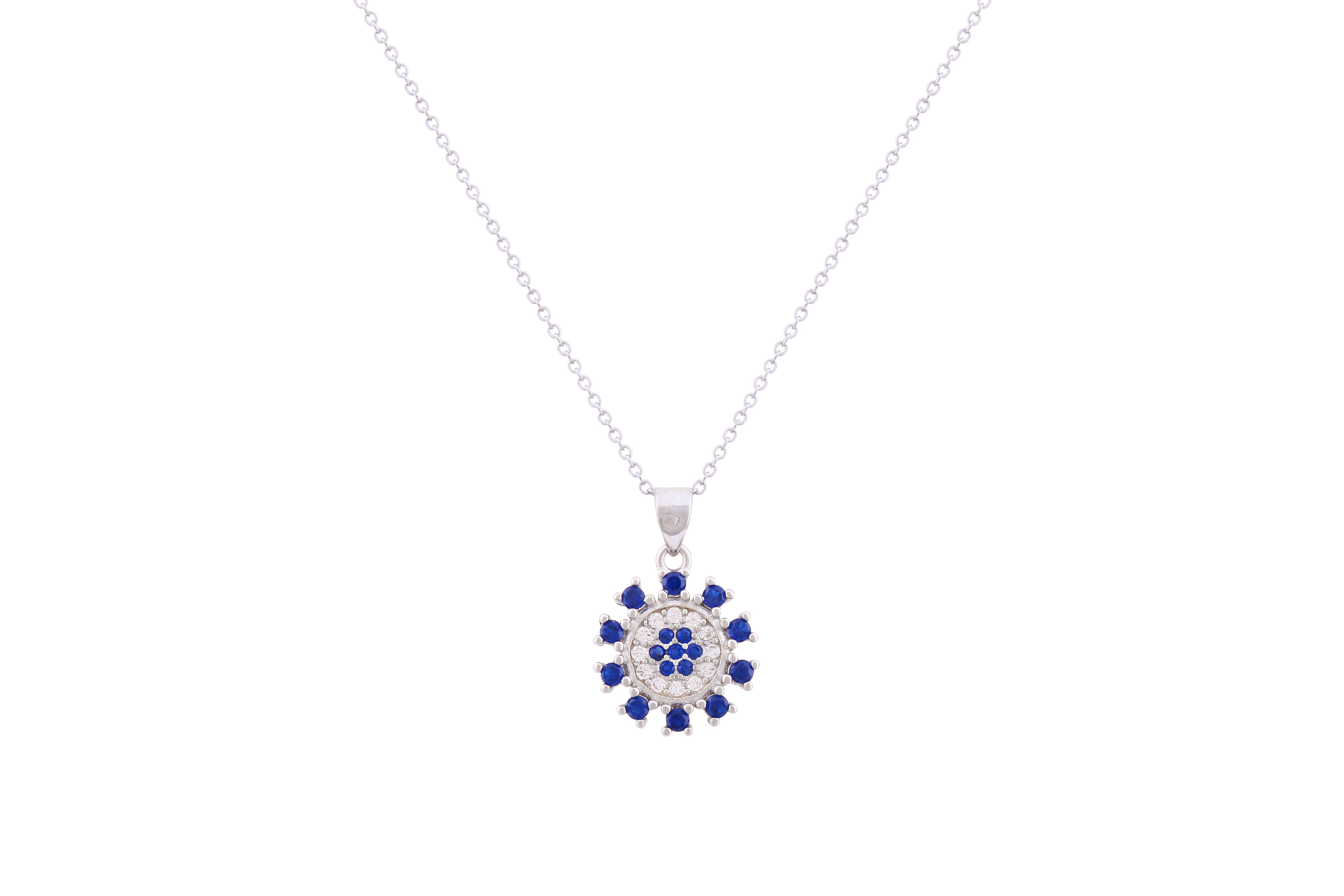 Asfour Crystal Chain Necklace With Blue & Clear Round Pendant In 925 Sterling Silver ND0213-WB