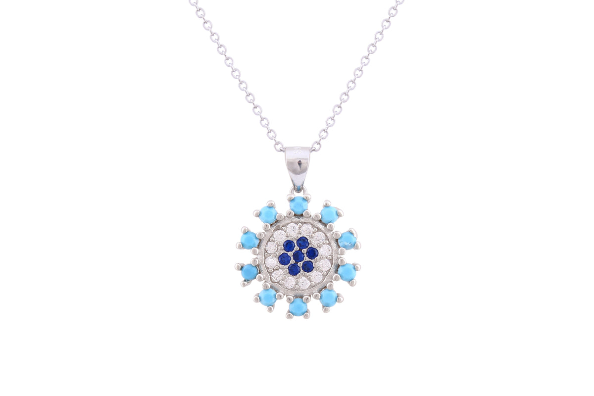 Asfour Crystal Chain Necklace With Aquamarine & Clear Round Pendant In 925 Sterling Silver ND0213-WM