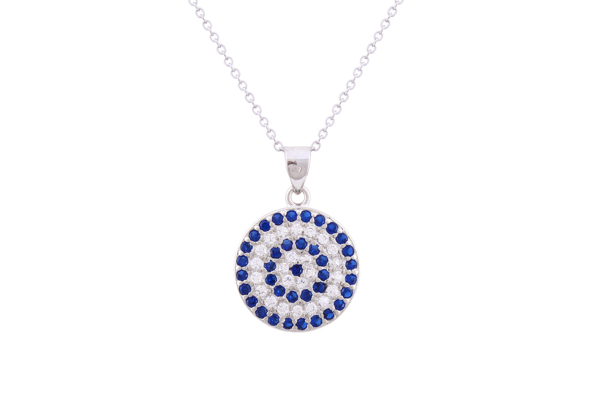 Asfour Crystal Chain Necklace With Blue & Clear Round Pendant In 925 Sterling Silver ND0214-WB