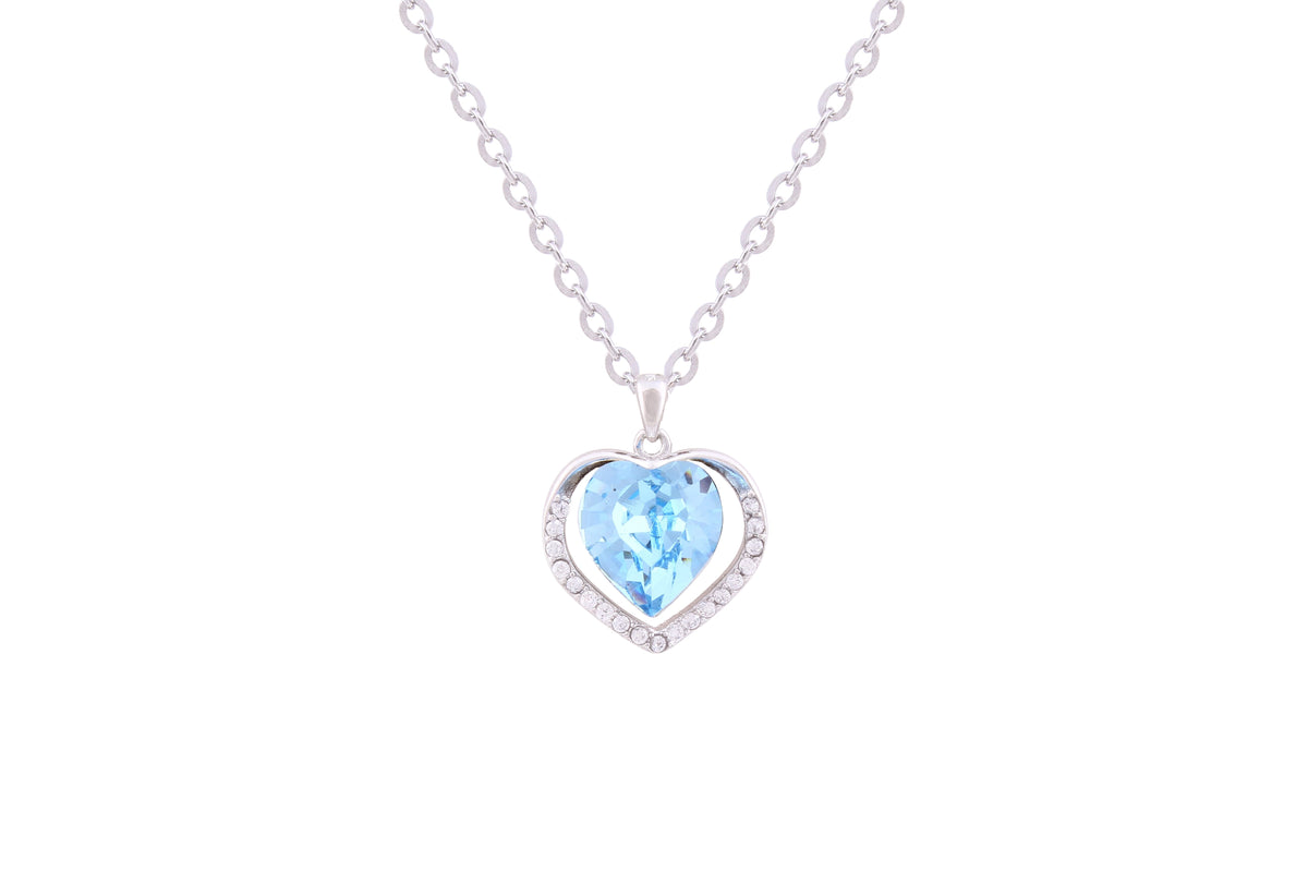 Asfour Crystal Chain Necklace With Aquamarine Heart In 925 Sterling Silver ND0221-M