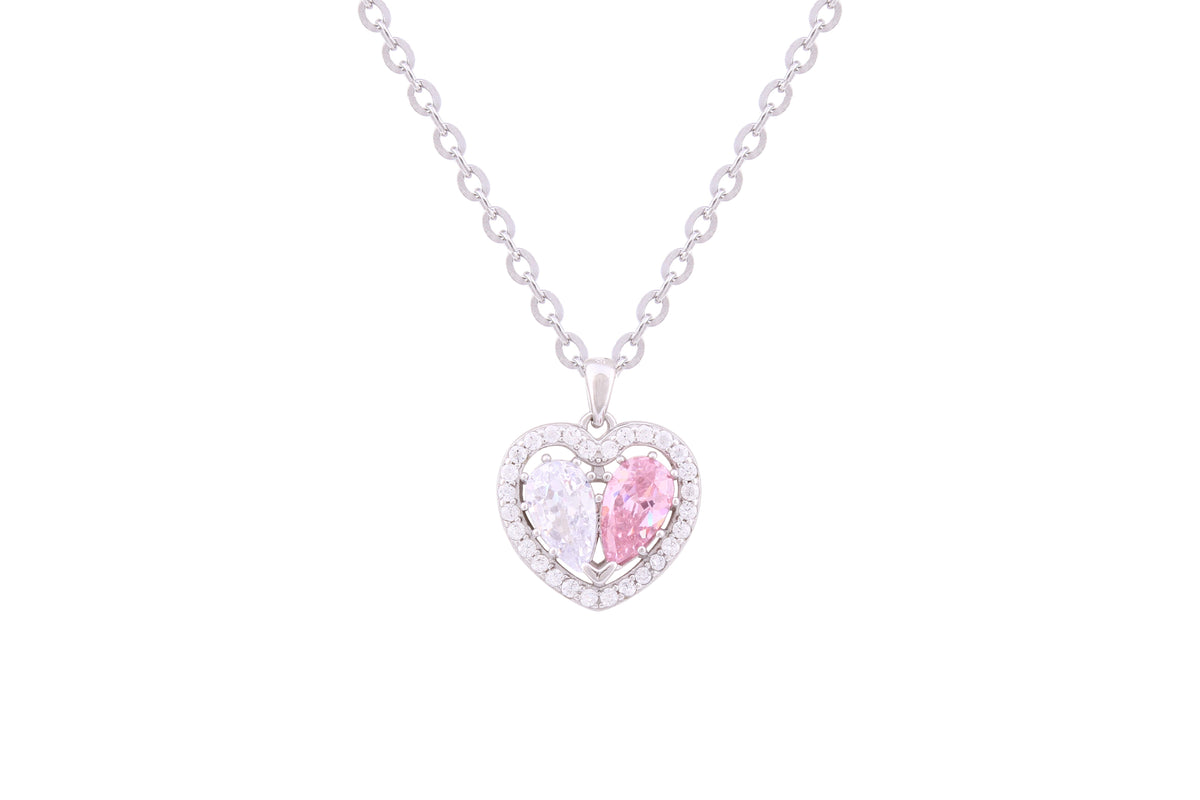 Asfour Crystal Chain Necklace With Clear & Rose Heart Pendant In 925 Sterling Silver ND0222-WO