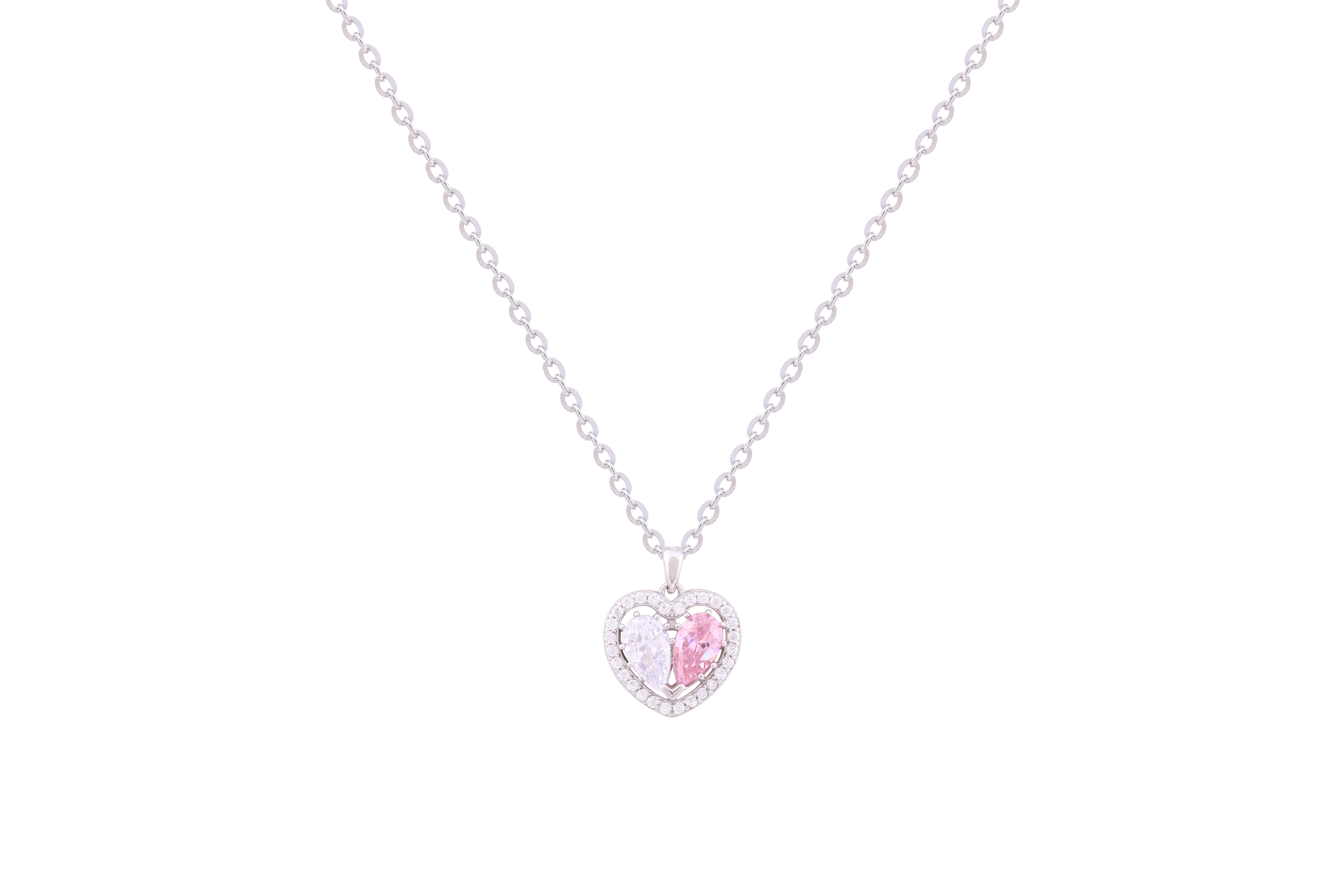 Asfour Crystal Chain Necklace With Clear & Rose Heart Pendant In 925 Sterling Silver ND0222-WO