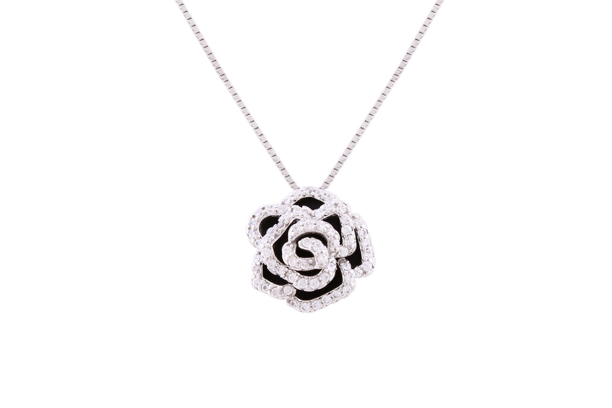 Asfour Crystal Chain Necklace With Rose Pendant In 925 Sterling Silver ND0231