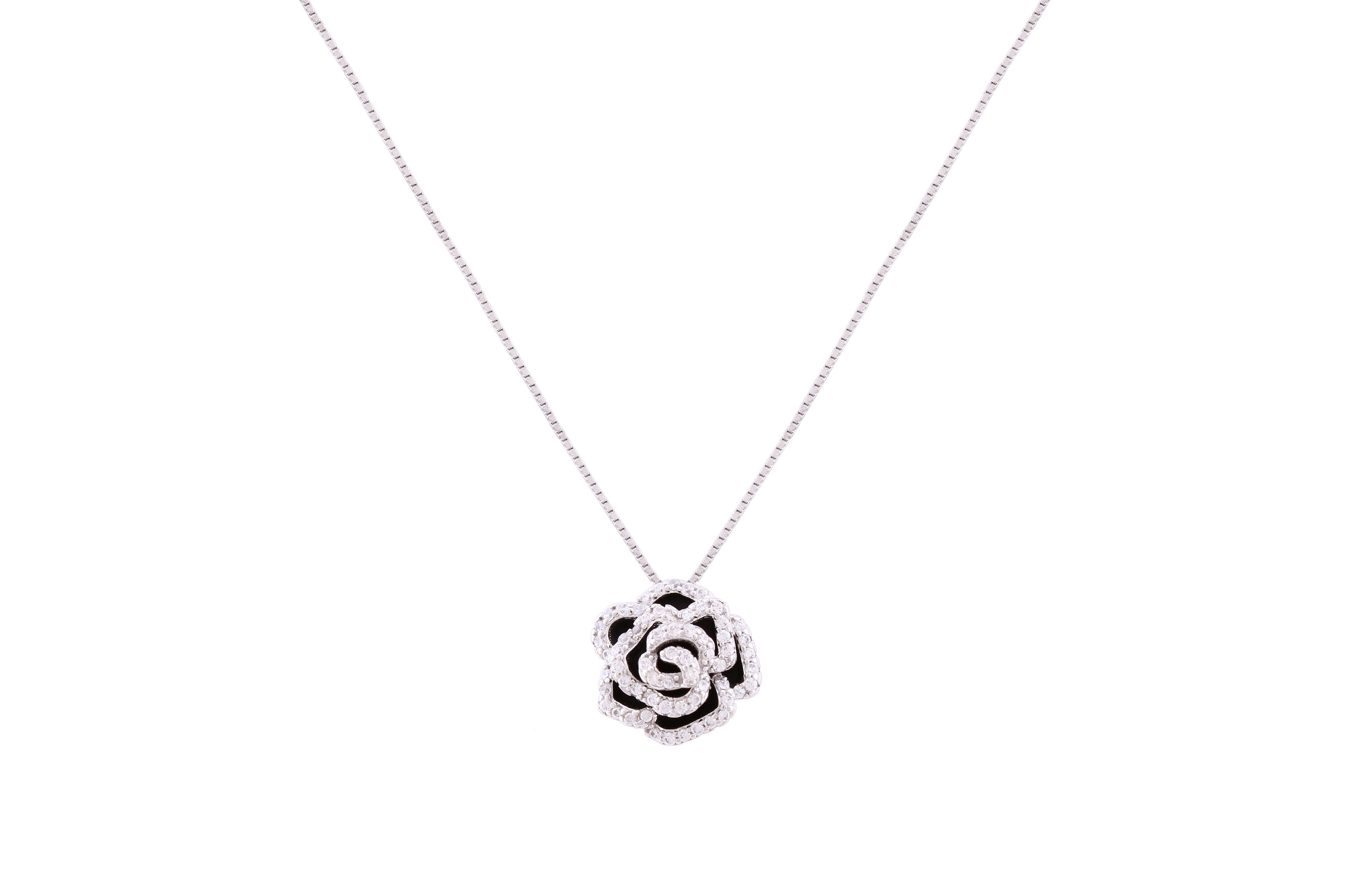 Asfour Crystal Chain Necklace With Rose Pendant In 925 Sterling Silver ND0231