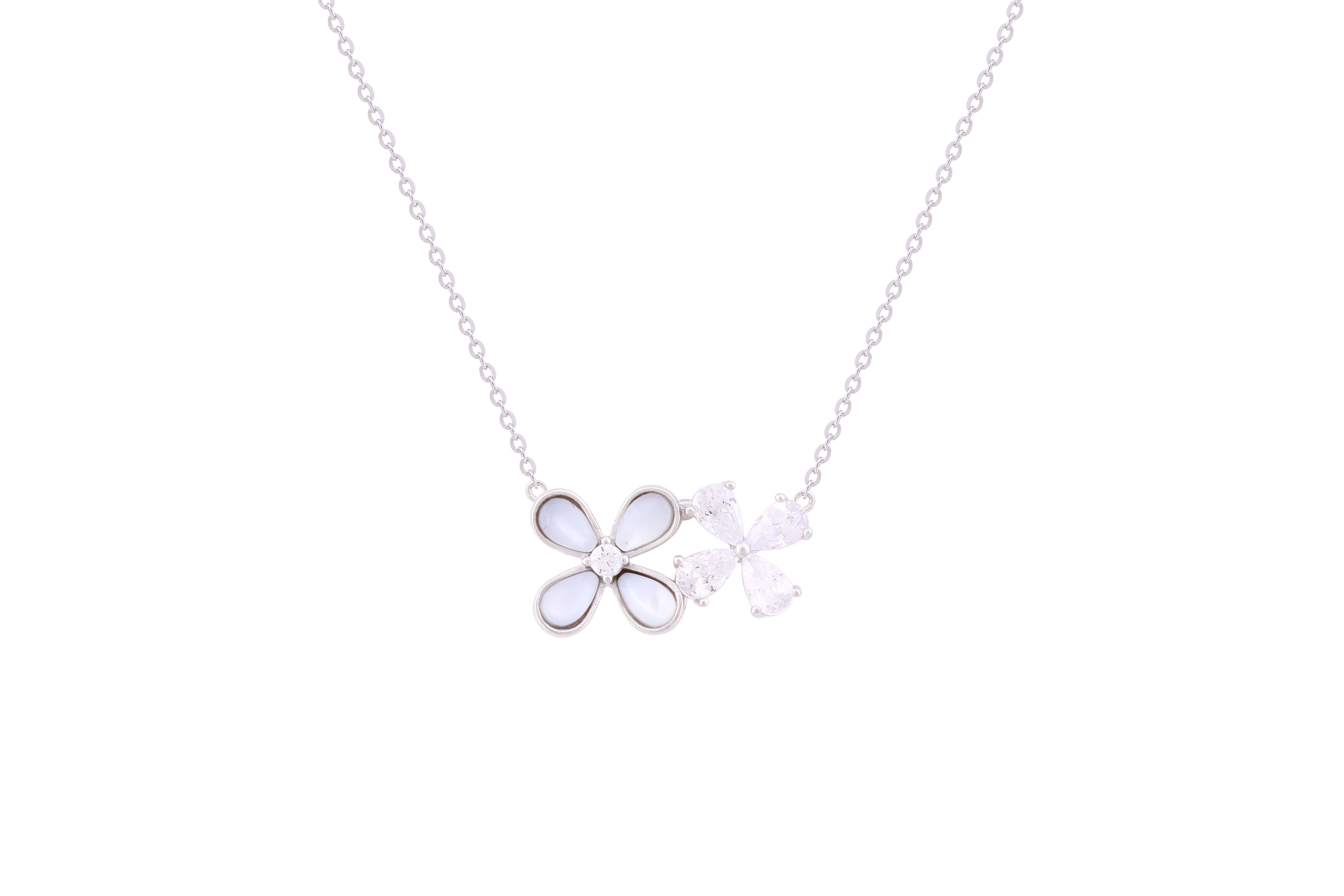 Asfour Crystal Chain Necklace With Flowers Pendant In 925 Sterling Silver ND0232