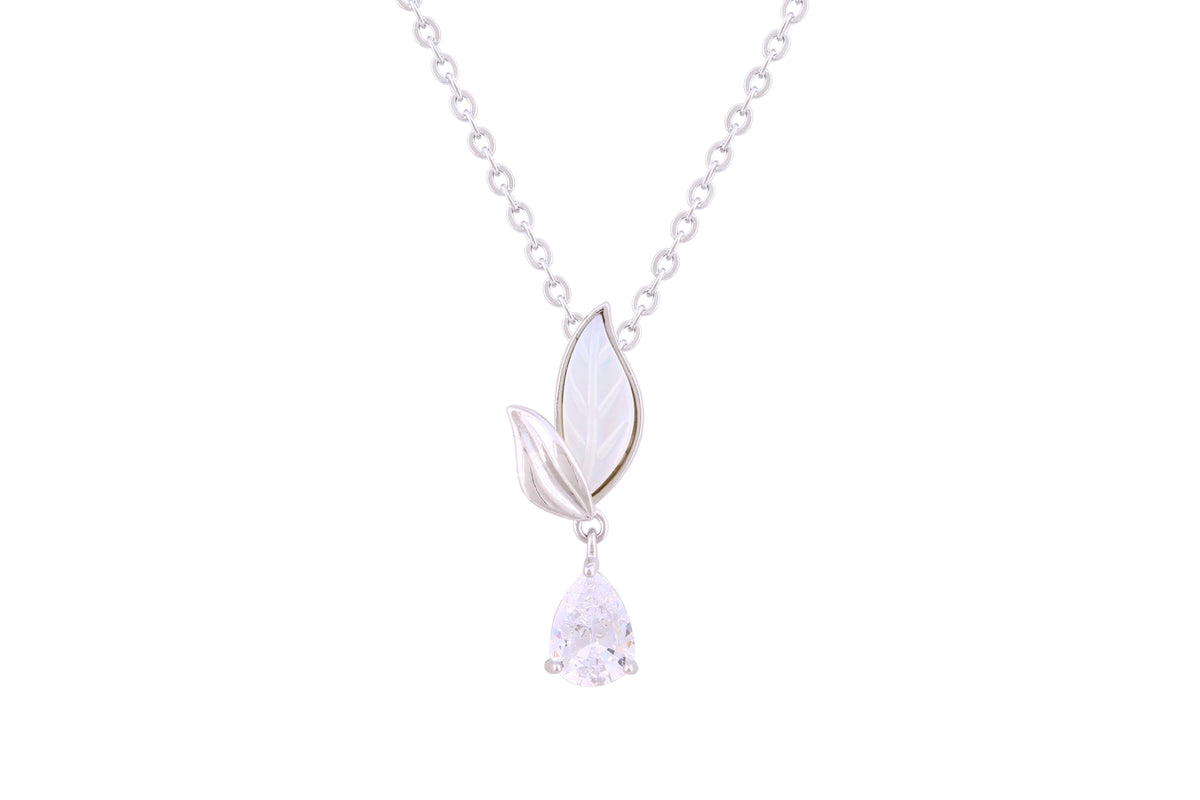 Asfour Crystal Chain Necklace With Leaf Pendant In 925 Sterling Silver ND0233