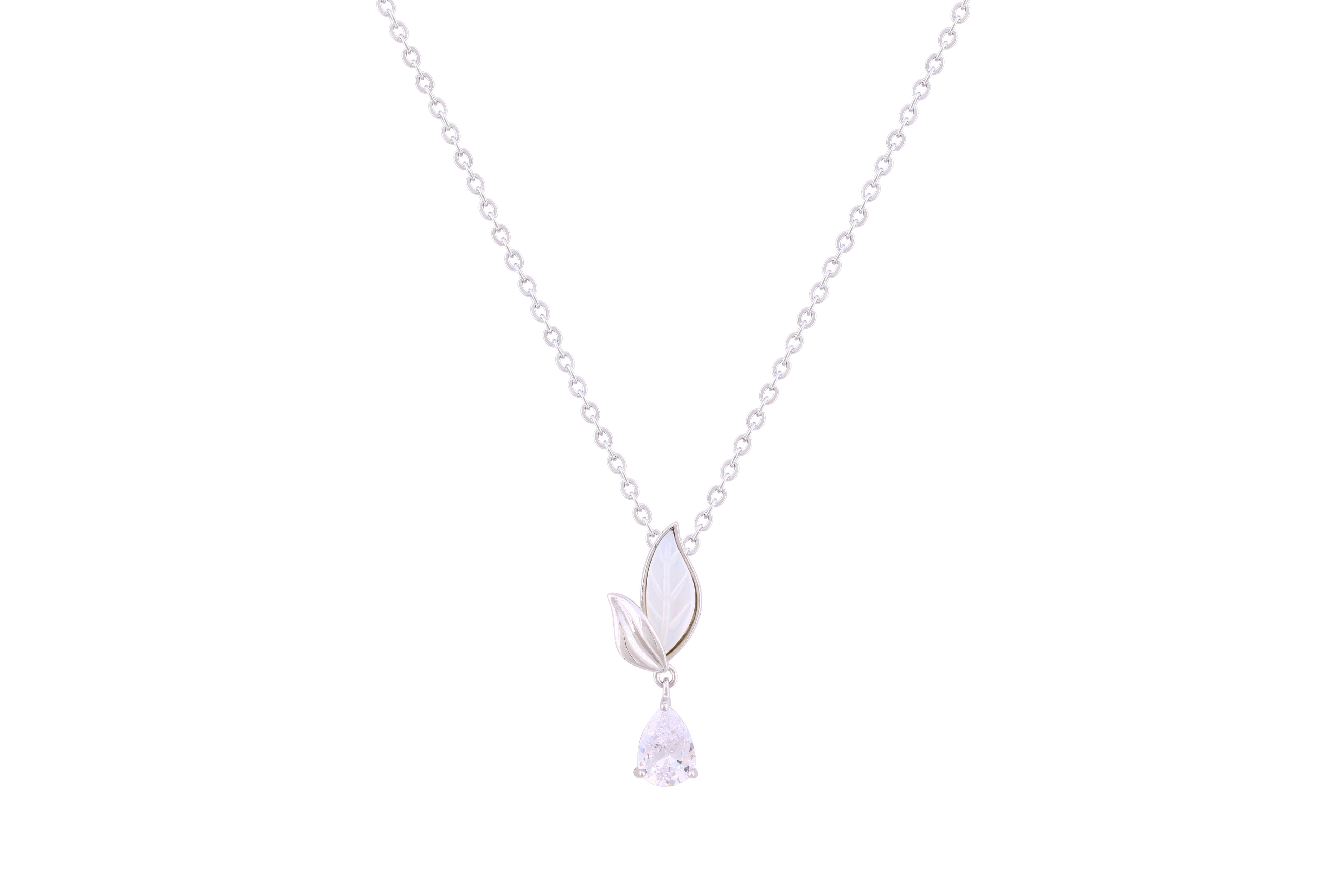 Asfour Crystal Chain Necklace With Leaf Pendant In 925 Sterling Silver ND0233