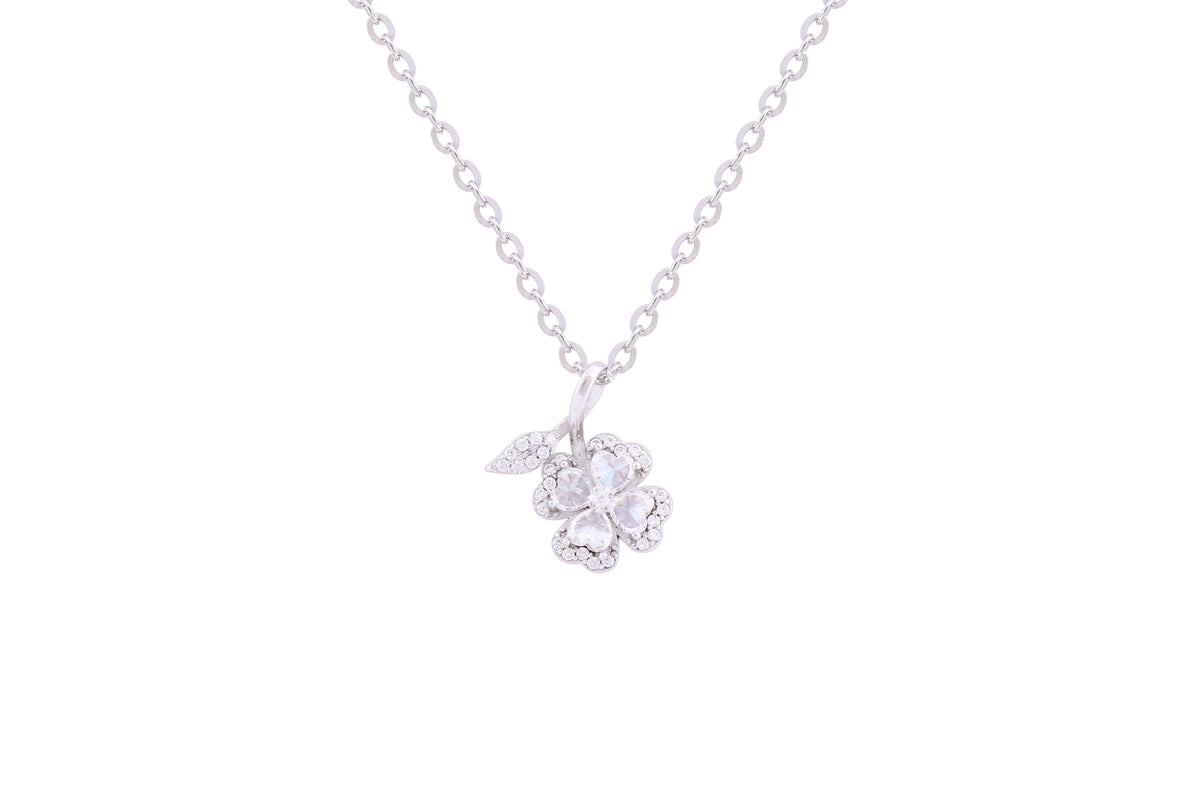 Asfour Crystal Chain Necklace With Four Leaf Clover Pendant In 925 Sterling Silver ND0234