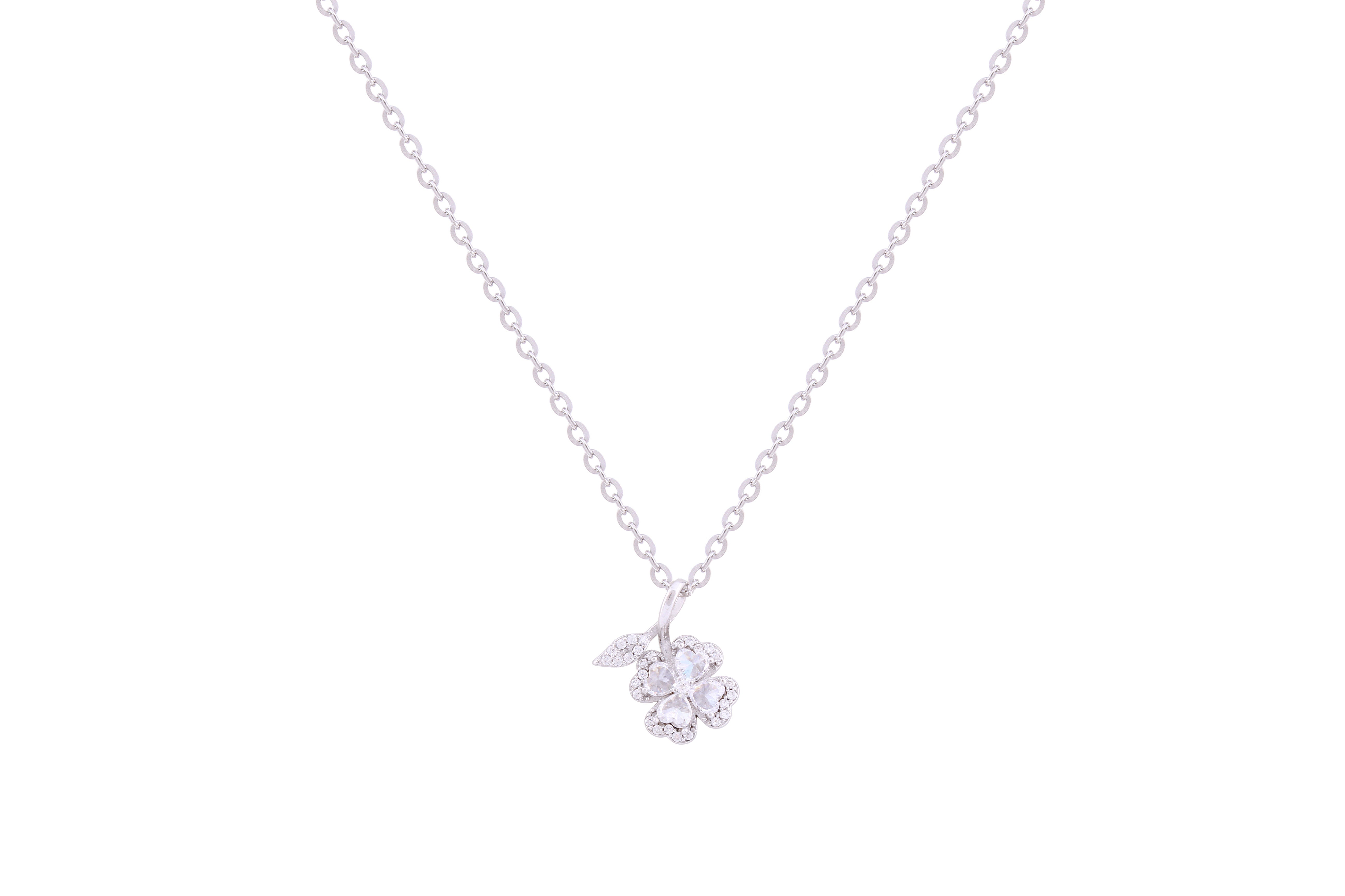 Asfour Crystal Chain Necklace With Four Leaf Clover Pendant In 925 Sterling Silver ND0234