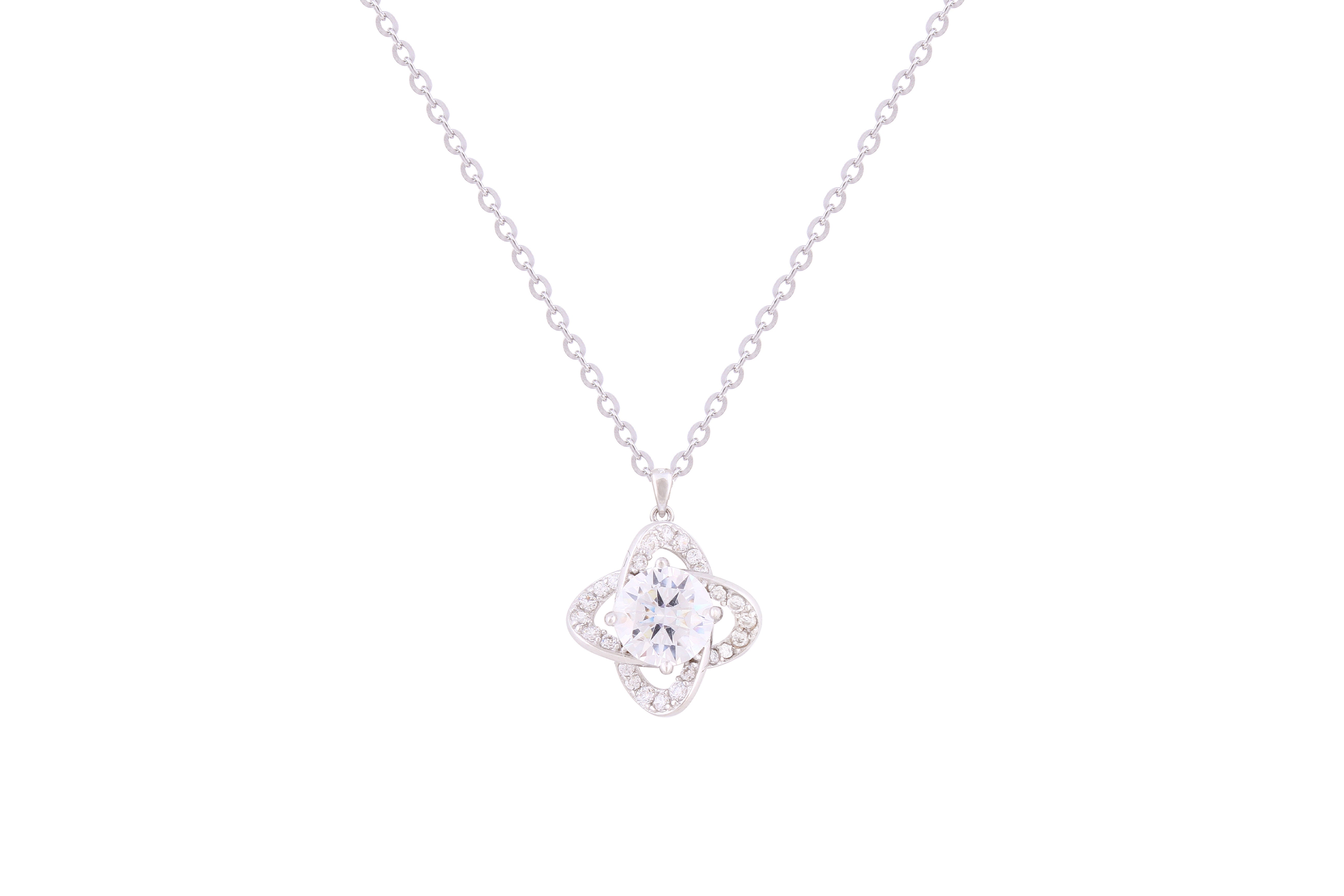 Asfour Crystal Chain Necklace With Four Leaf Clover Zircon Pendant In 925 Sterling Silver ND0235