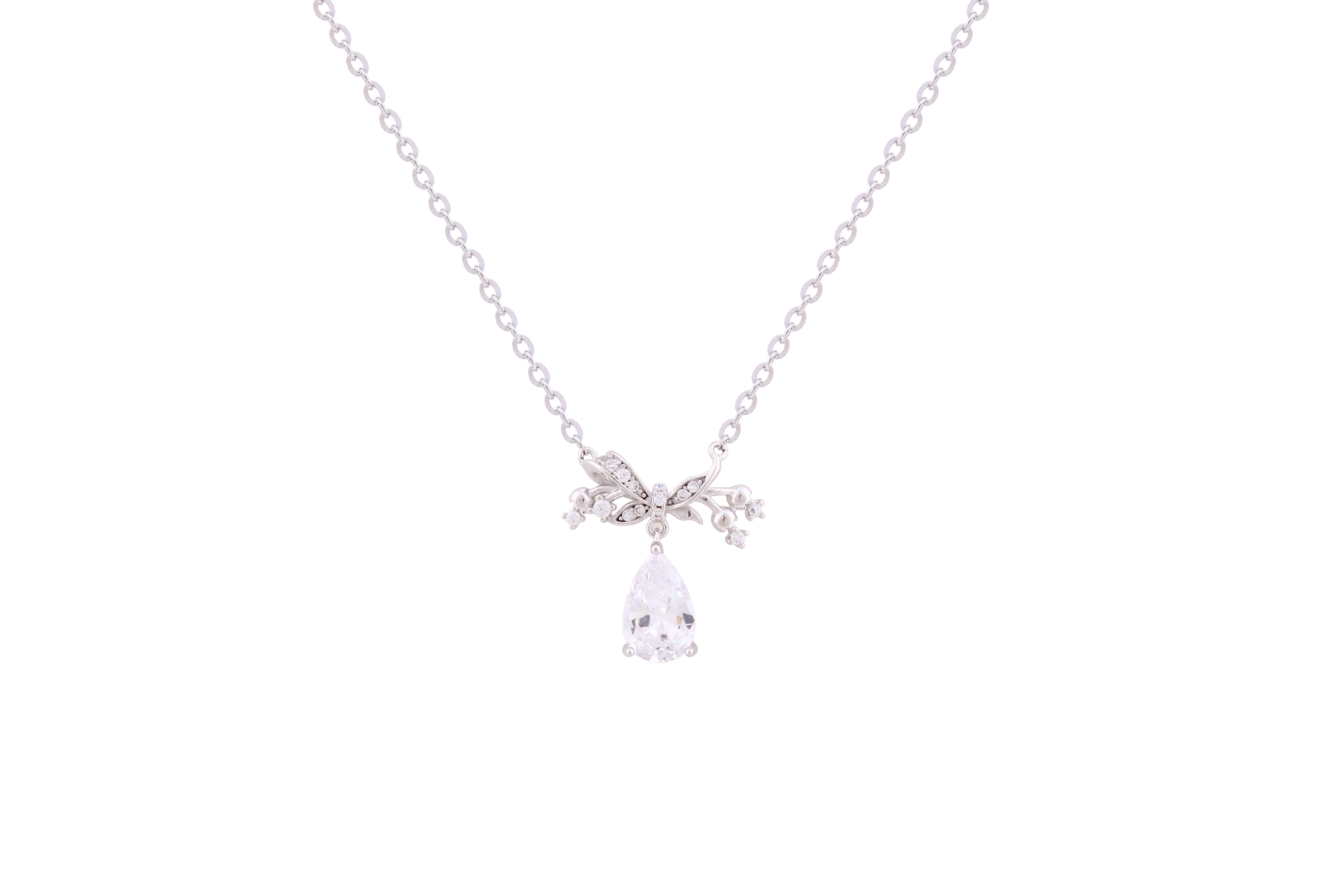 Asfour Crystal Chian Necklace With Pear Zircon Stone In 925 Sterling Silver ND0240