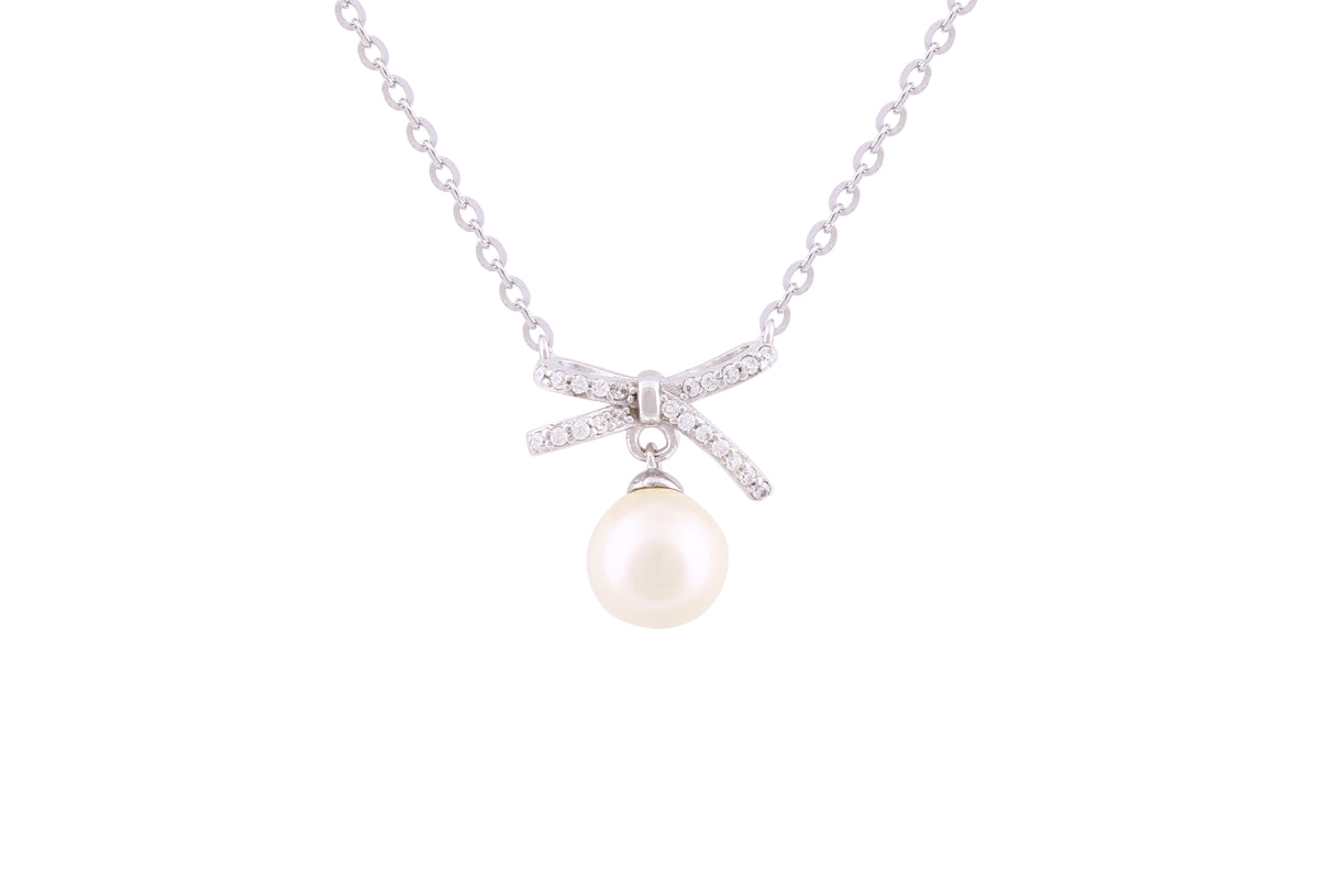 Asfour Crystal Chain Necklace With Bowknot Inlaid With Pearl Pendant In 925 Sterling Silver ND0242