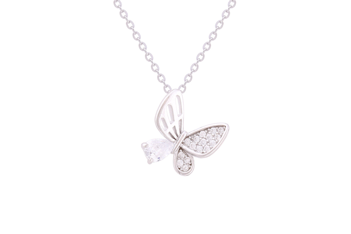 Asfour Crystal Chain Necklace With Butterfly Pendant In 925 Sterling Silver ND0243