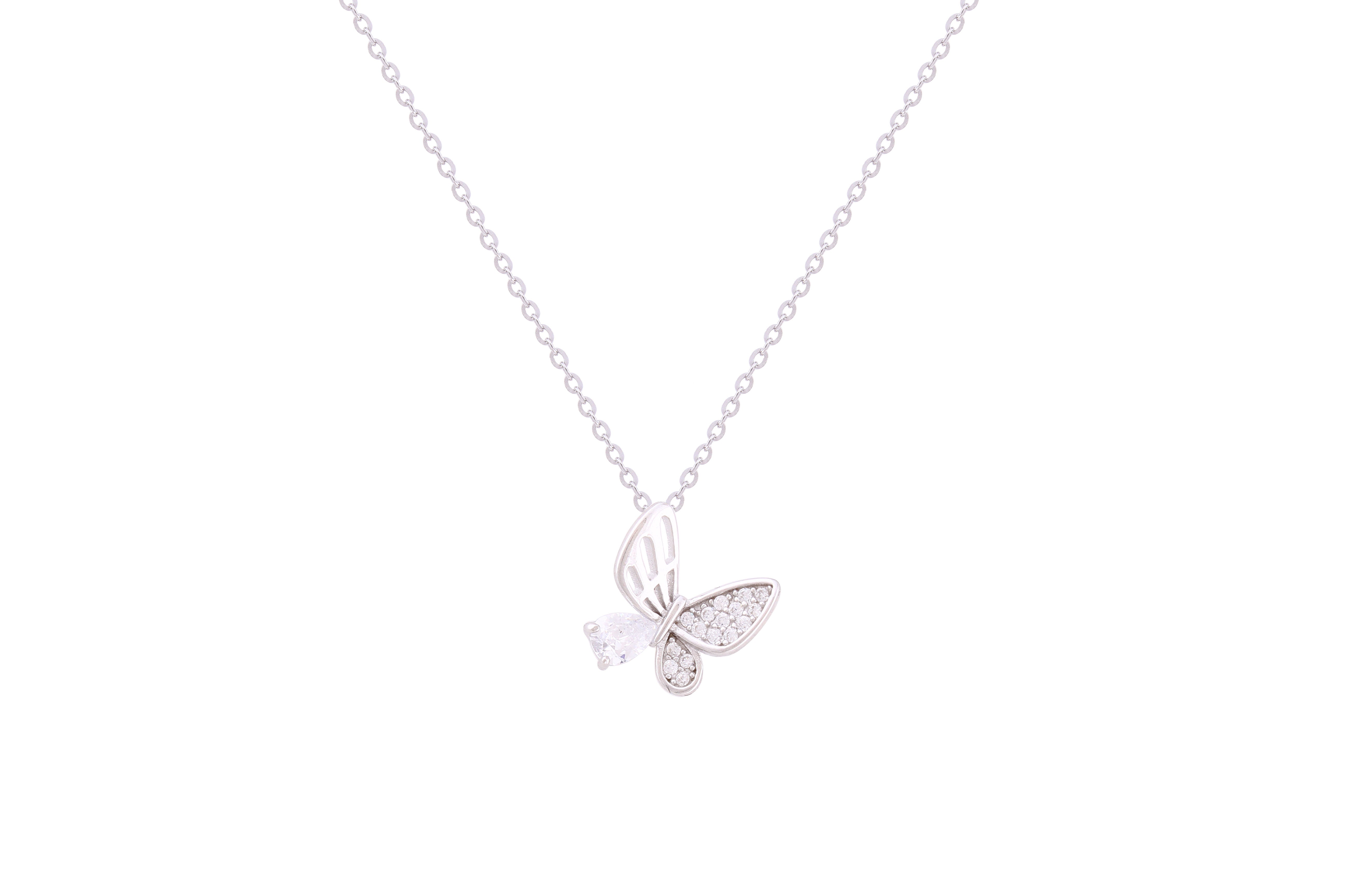 Asfour Crystal Chain Necklace With Butterfly Pendant In 925 Sterling Silver ND0243