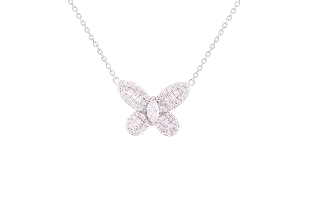 Asfour Crystal Chain Necklace With Butterfly Pendant In 925 Sterling Silver ND0244