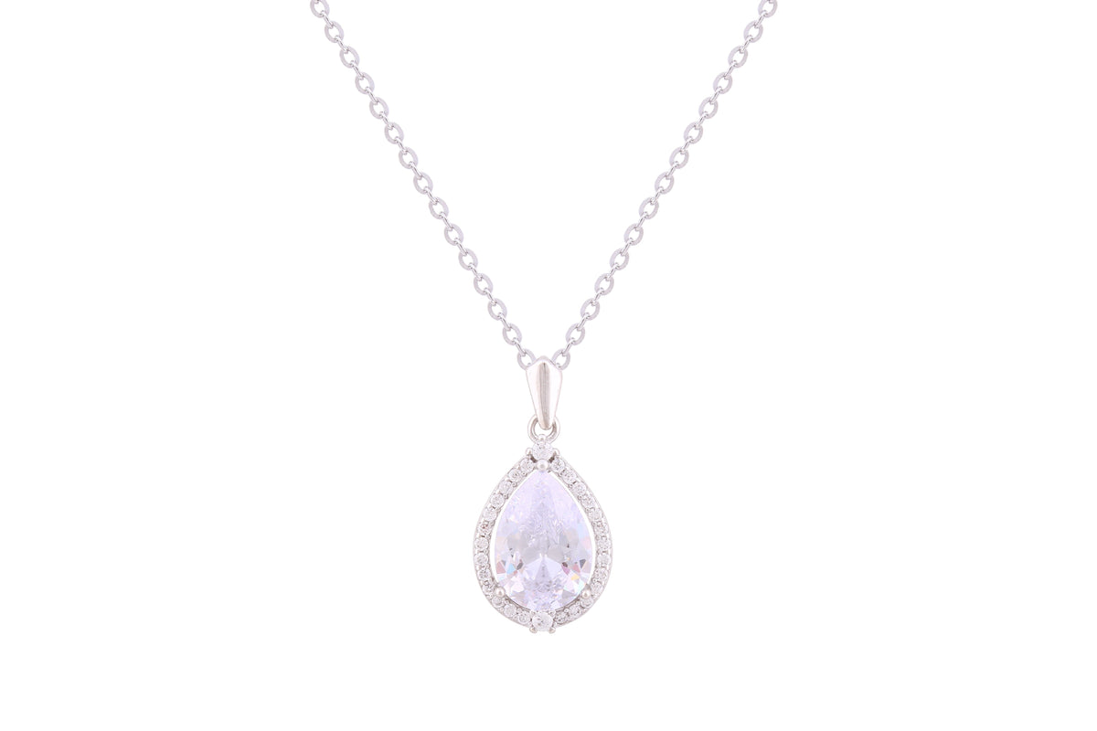 Asfour Crystal Chain Necklace With Halo Pear Pendant In 925 Sterling Silver ND0246