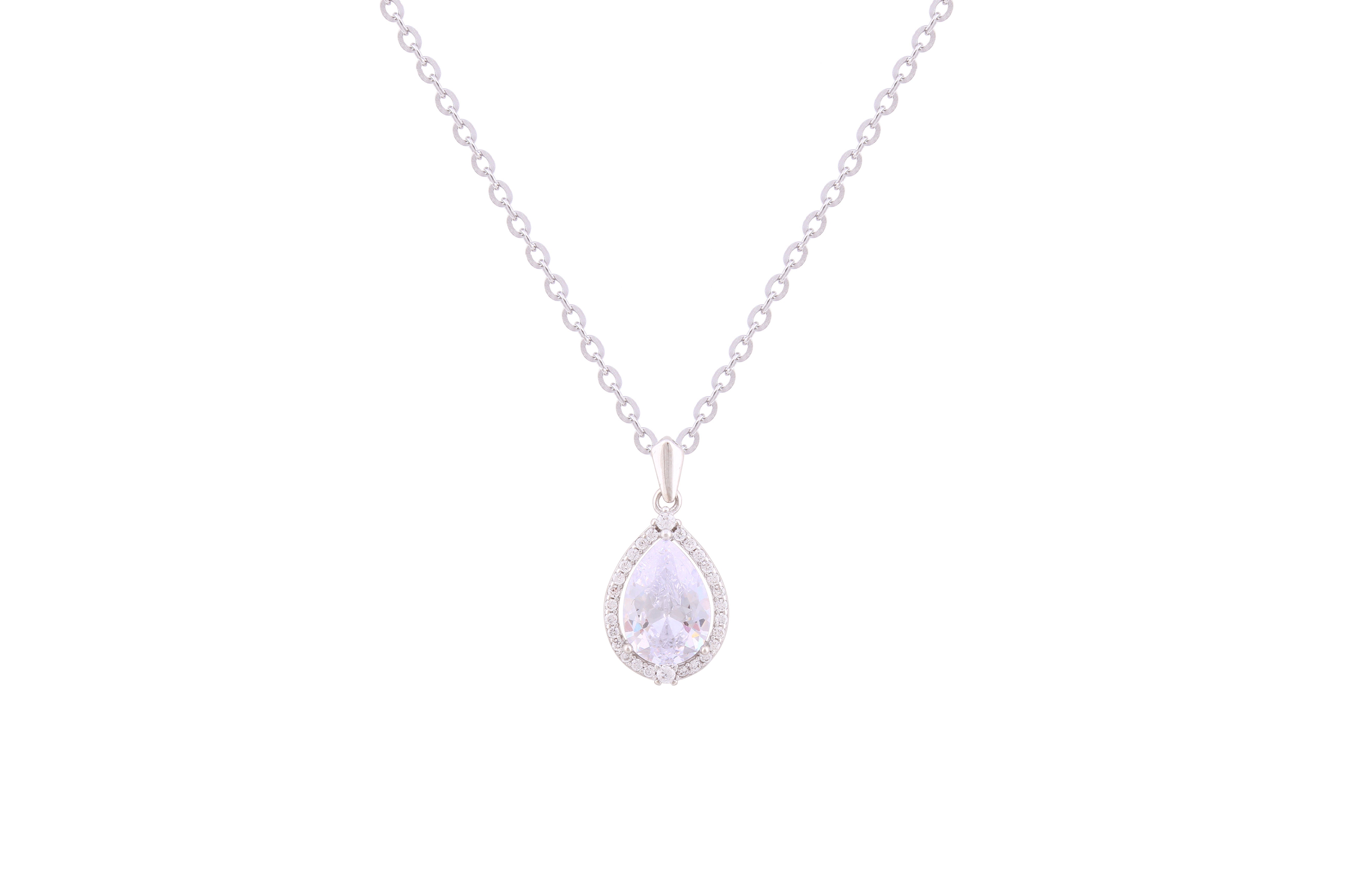 Asfour Crystal Chain Necklace With Halo Pear Pendant In 925 Sterling Silver ND0246