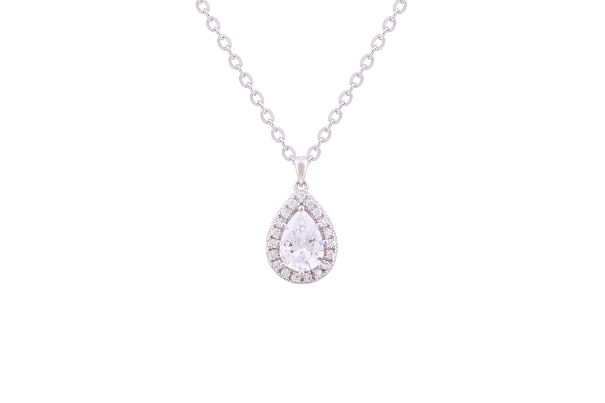 Asfour Crystal Chain Necklace With Halo Pear Pendant In 925 Sterling Silver ND0248