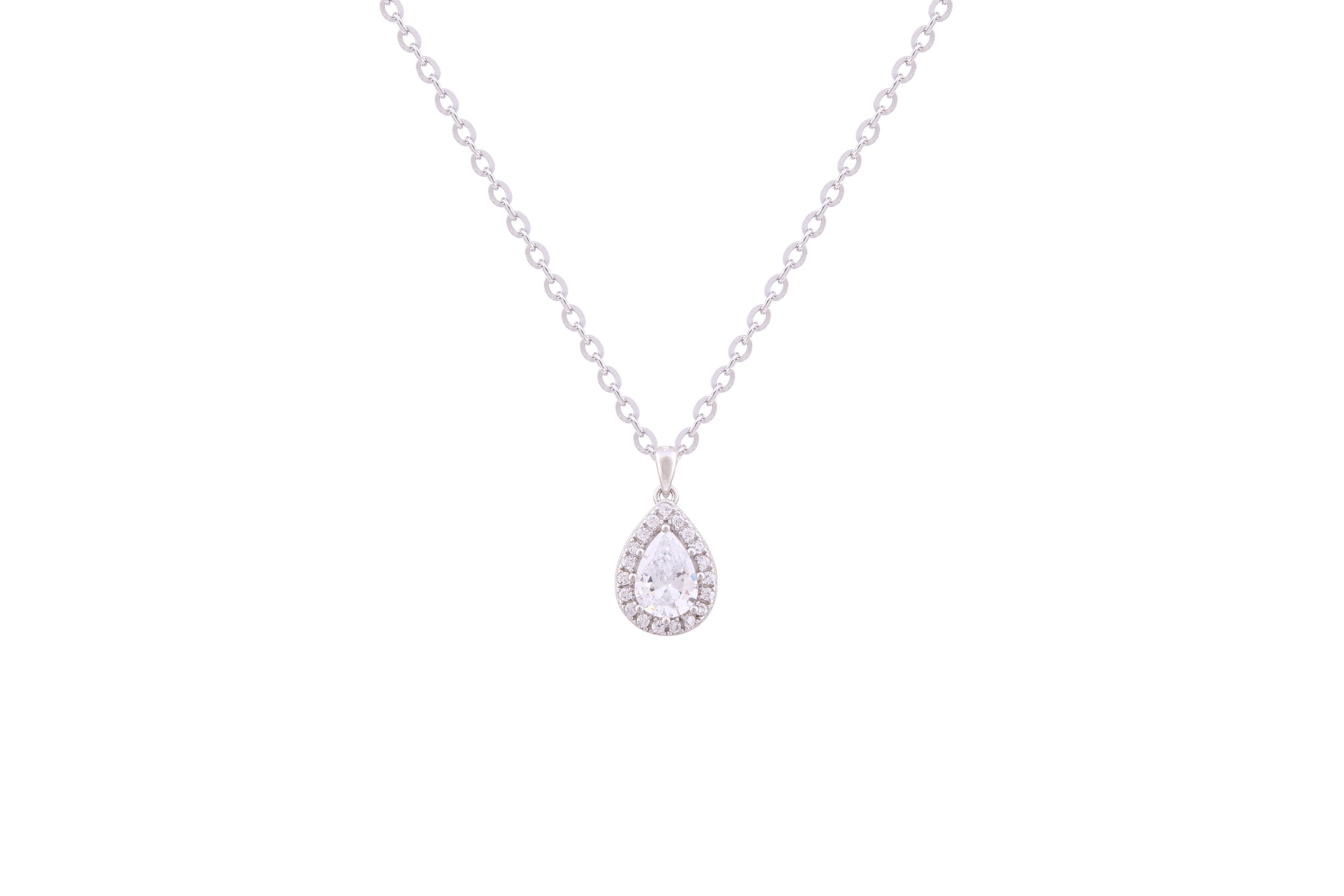 Asfour Crystal Chain Necklace With Halo Pear Pendant In 925 Sterling Silver ND0248