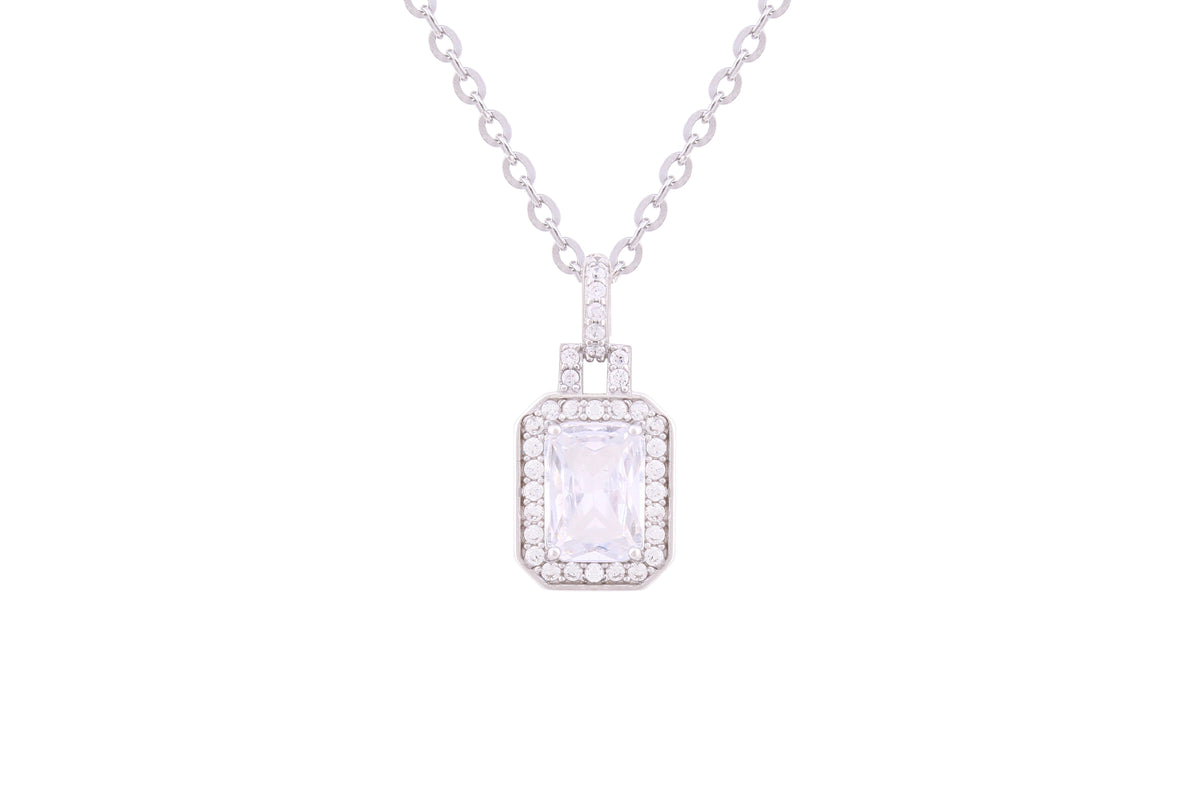 Asfour Crystal Chain Necklace With Emerald Halo Pendant In 925 Sterling Silver ND0253