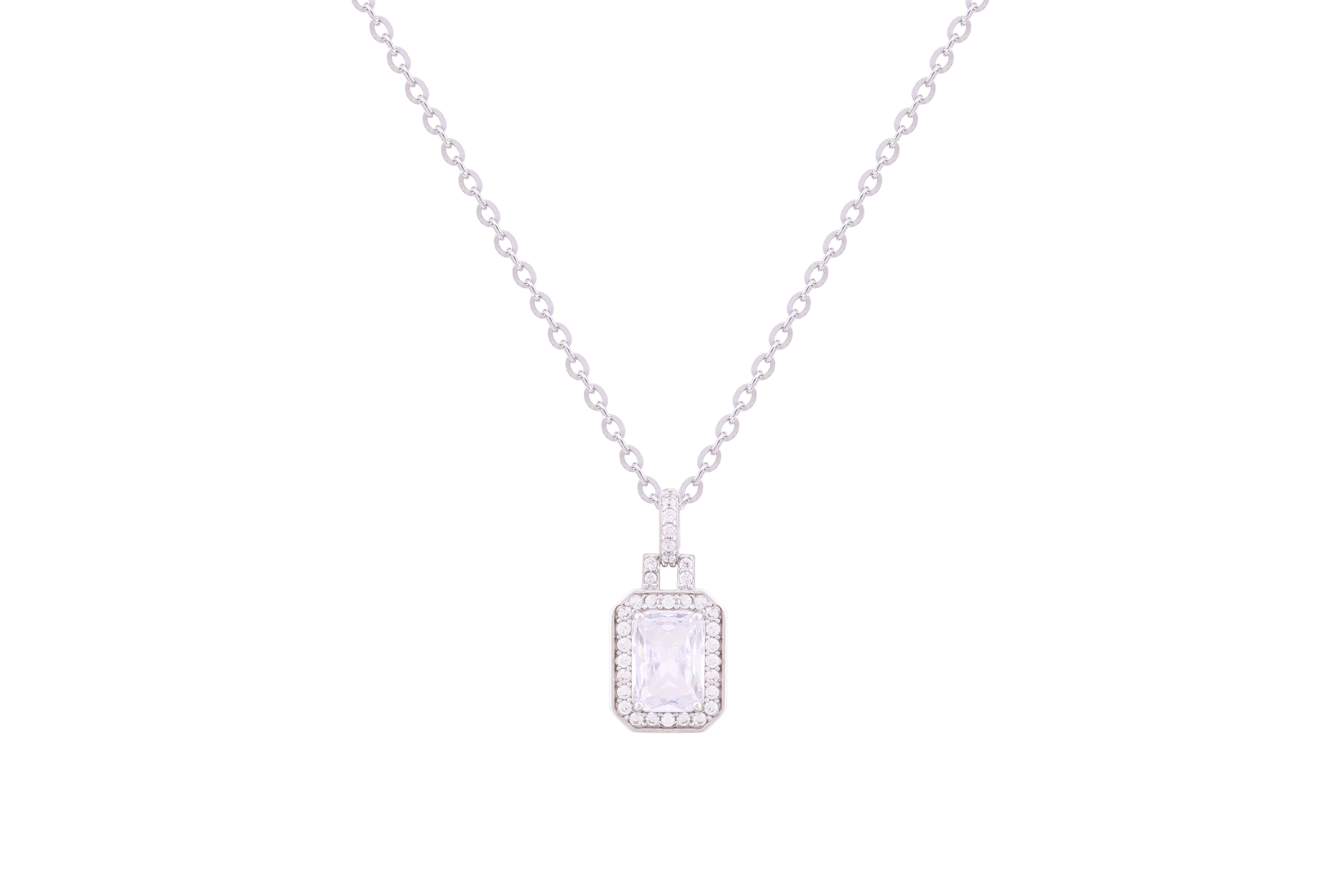 Asfour Crystal Chain Necklace With Emerald Halo Pendant In 925 Sterling Silver ND0253