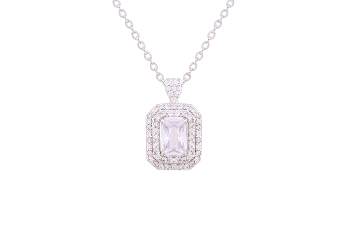 Asfour Crystal Chain Necklace With Emerald Halo Pendant In 925 Sterling Silver ND0254