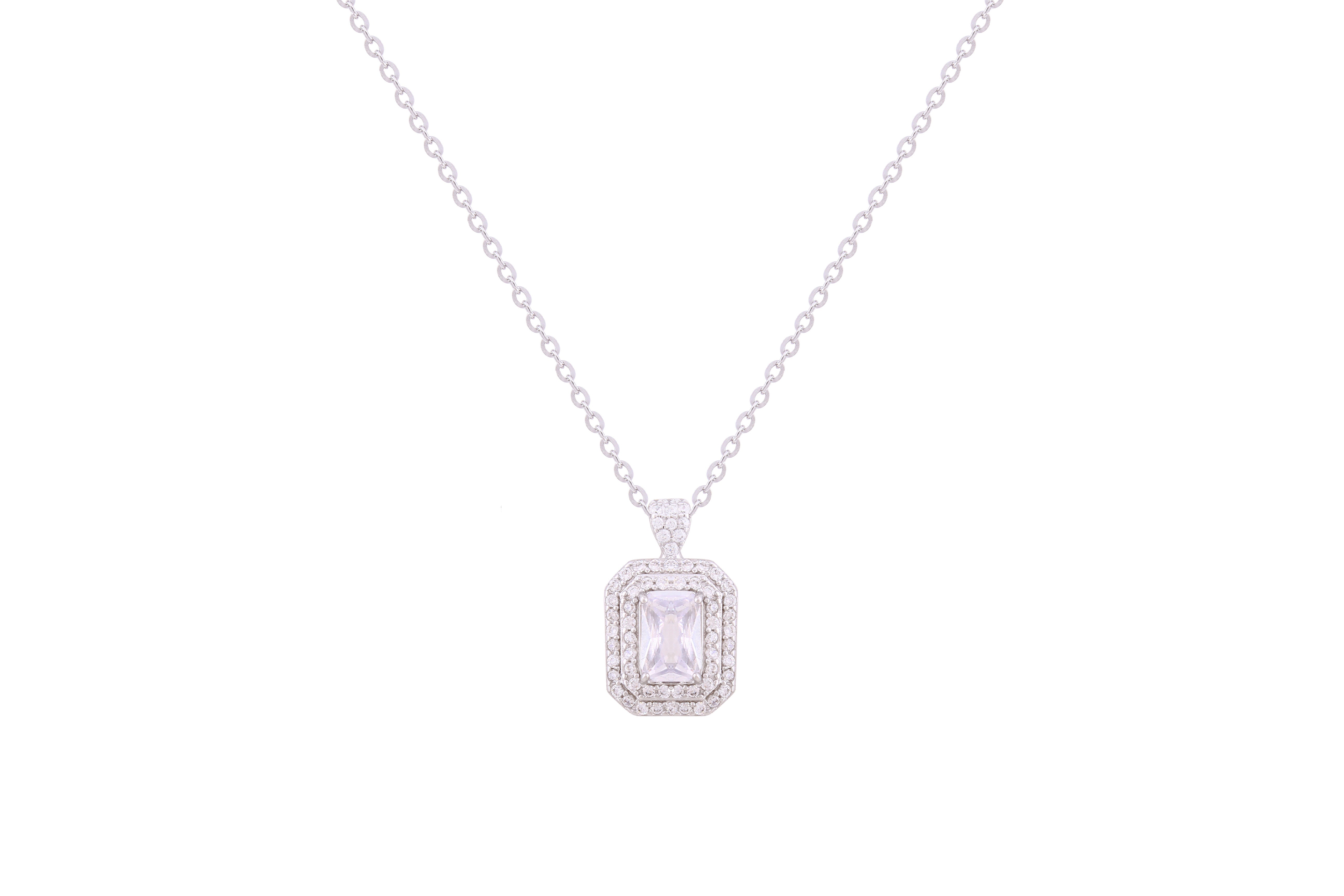 Asfour Crystal Chain Necklace With Emerald Halo Pendant In 925 Sterling Silver ND0254