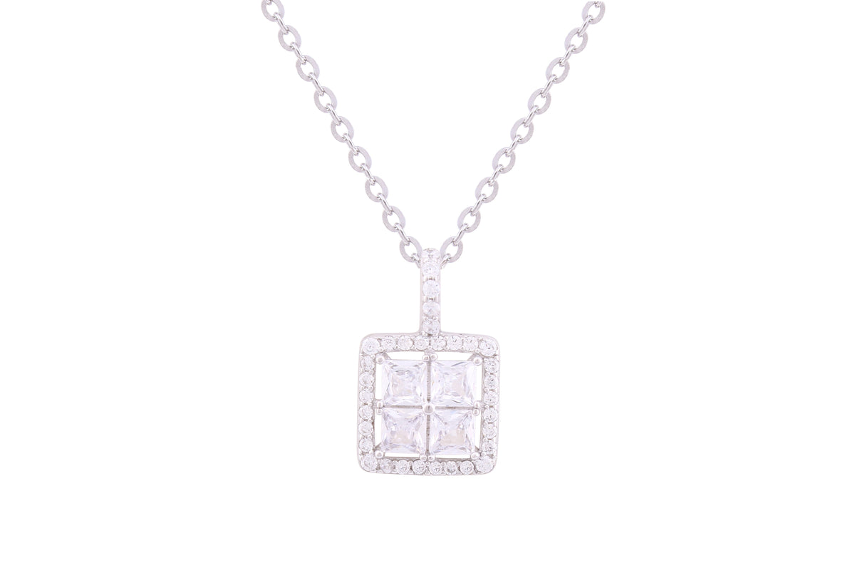 Asfour Crystal Chain Necklace With Princess Halo Pendant In 925 Sterling Silver ND0257