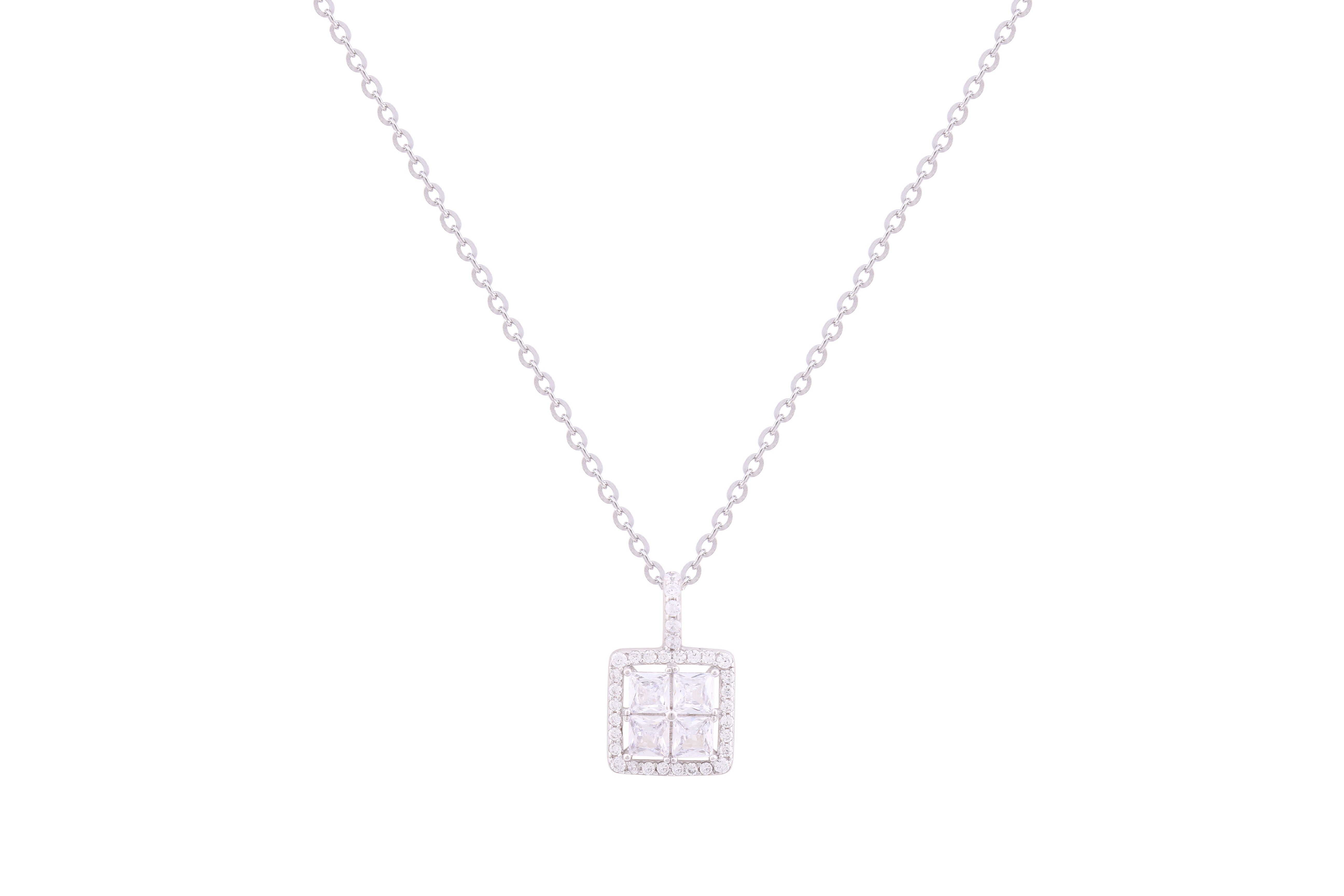 Asfour Crystal Chain Necklace With Princess Halo Pendant In 925 Sterling Silver ND0257