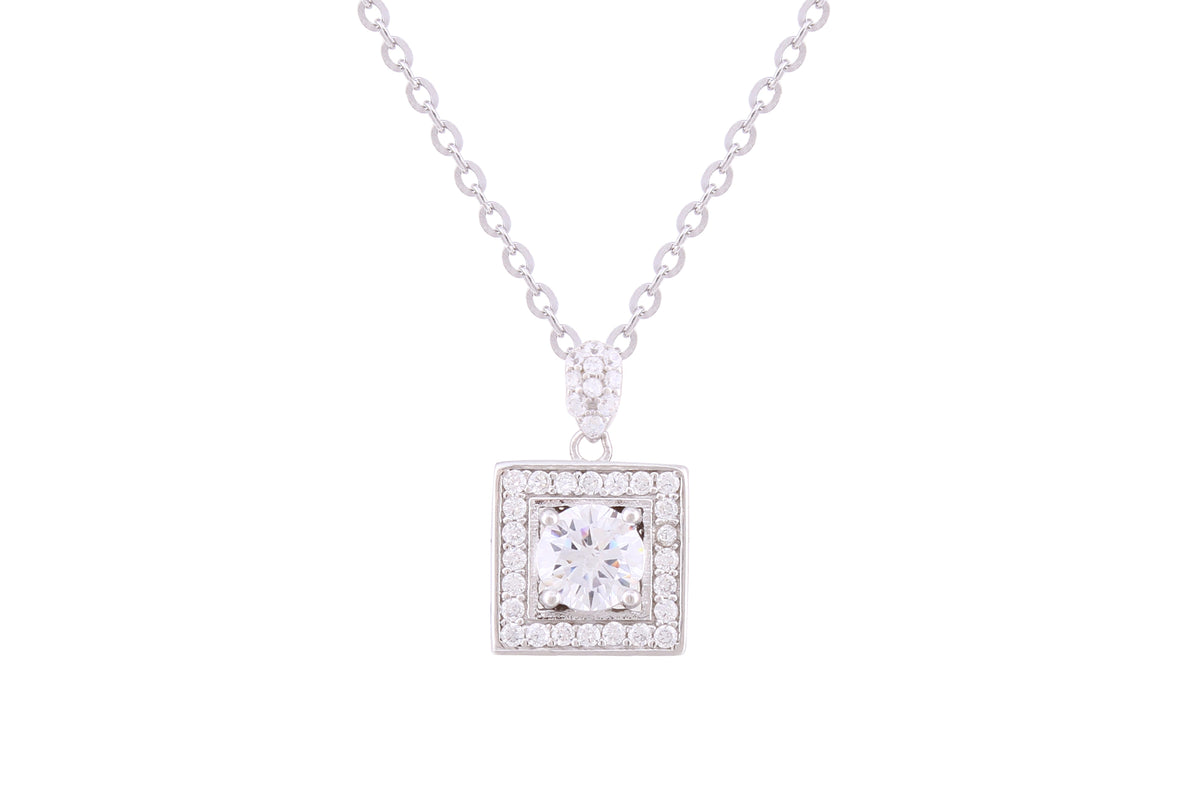 Asfour Crystal Chain Necklace With Halo Square Pendant In 925 Sterling Silver ND0258