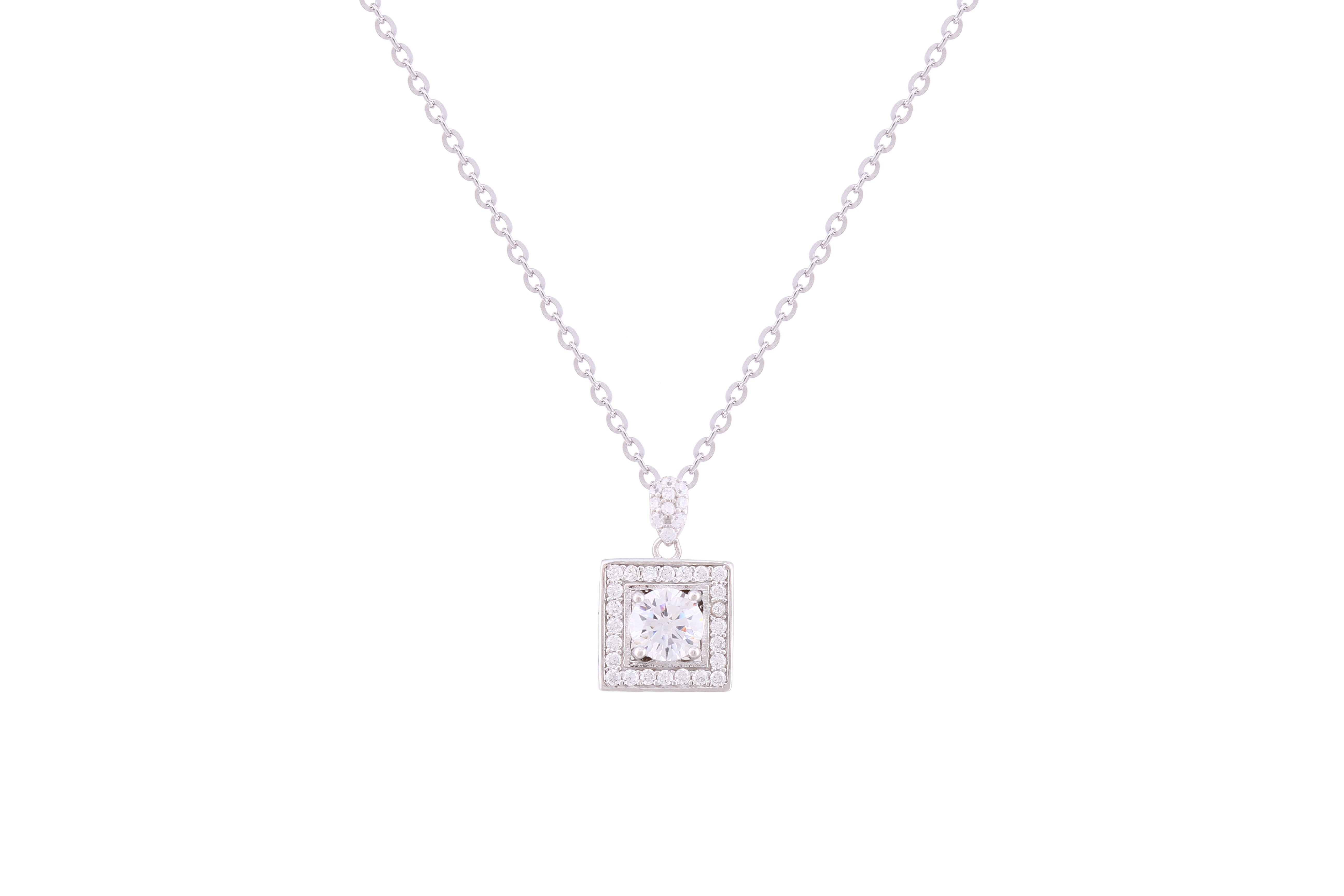 Asfour Crystal Chain Necklace With Halo Square Pendant In 925 Sterling Silver ND0258