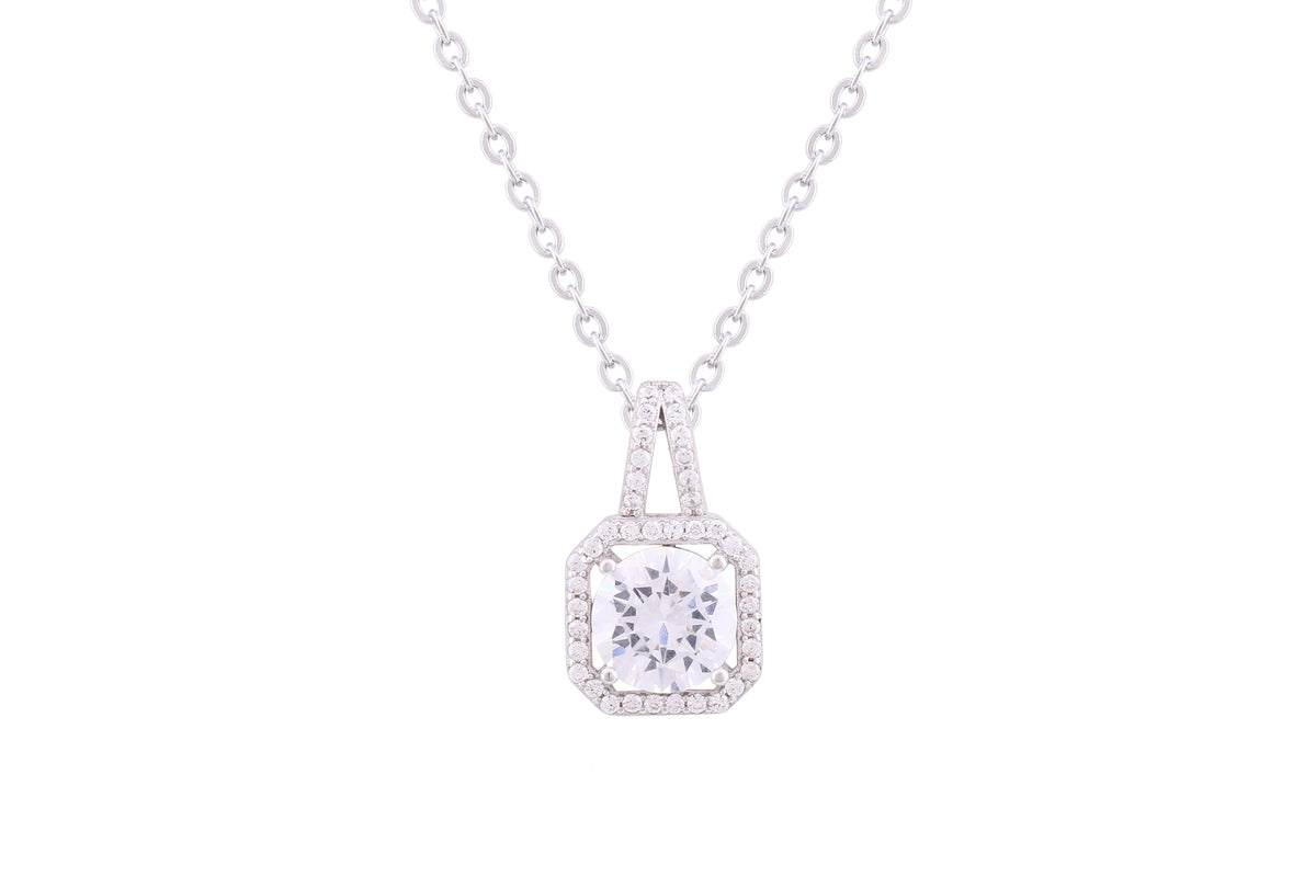 Asfour Crystal Chain Necklace With Decorative Square Halo Pendant In 925 Sterling Silver ND0260