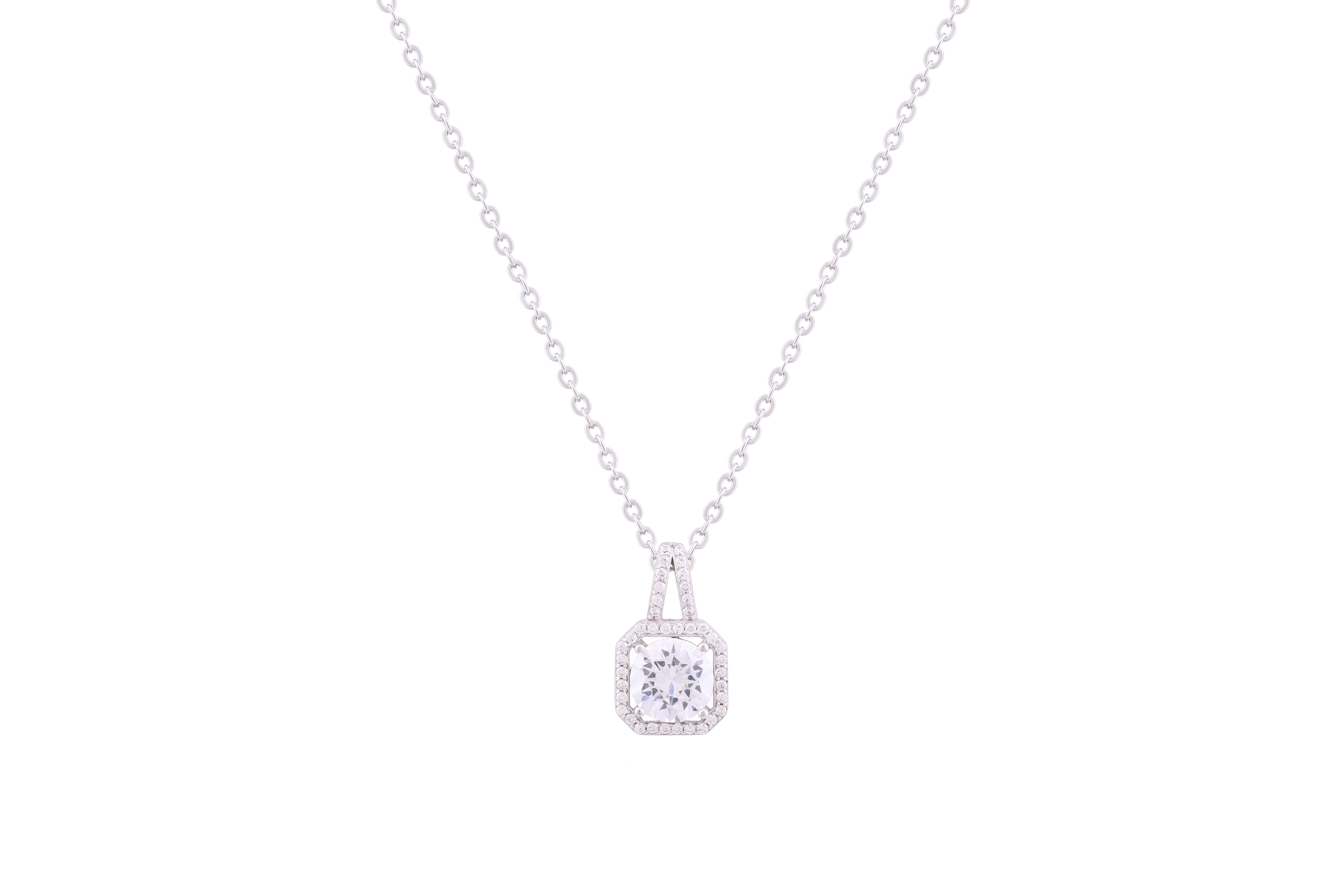 Asfour Crystal Chain Necklace With Decorative Square Halo Pendant In 925 Sterling Silver ND0260