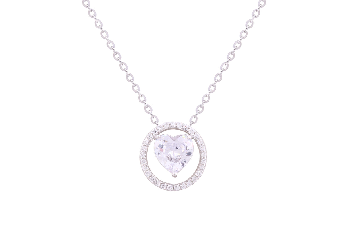 Asfour Crystal Chain Necklace With Heart Inside Circle Pendant In 925 Sterling Silver ND0263