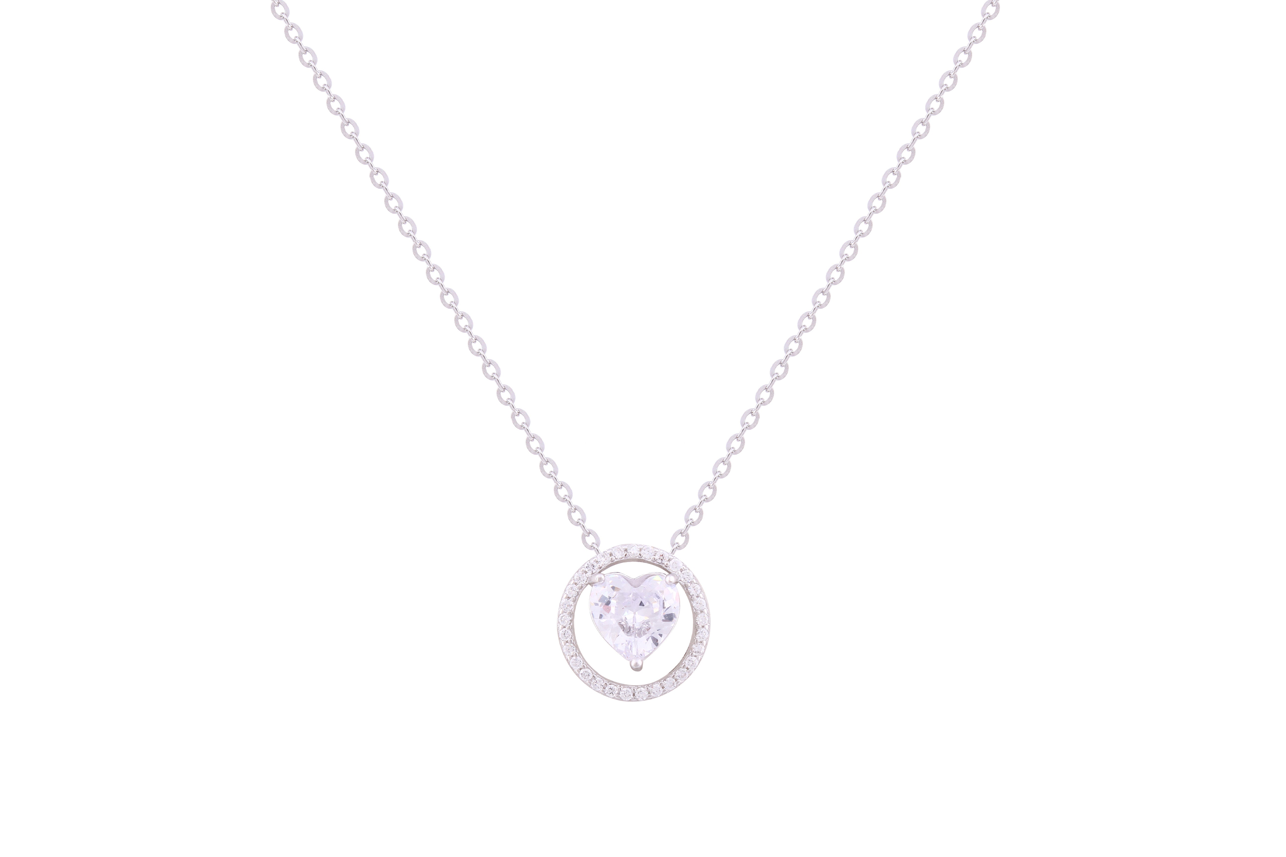 Asfour Crystal Chain Necklace With Heart Inside Circle Pendant In 925 Sterling Silver ND0263