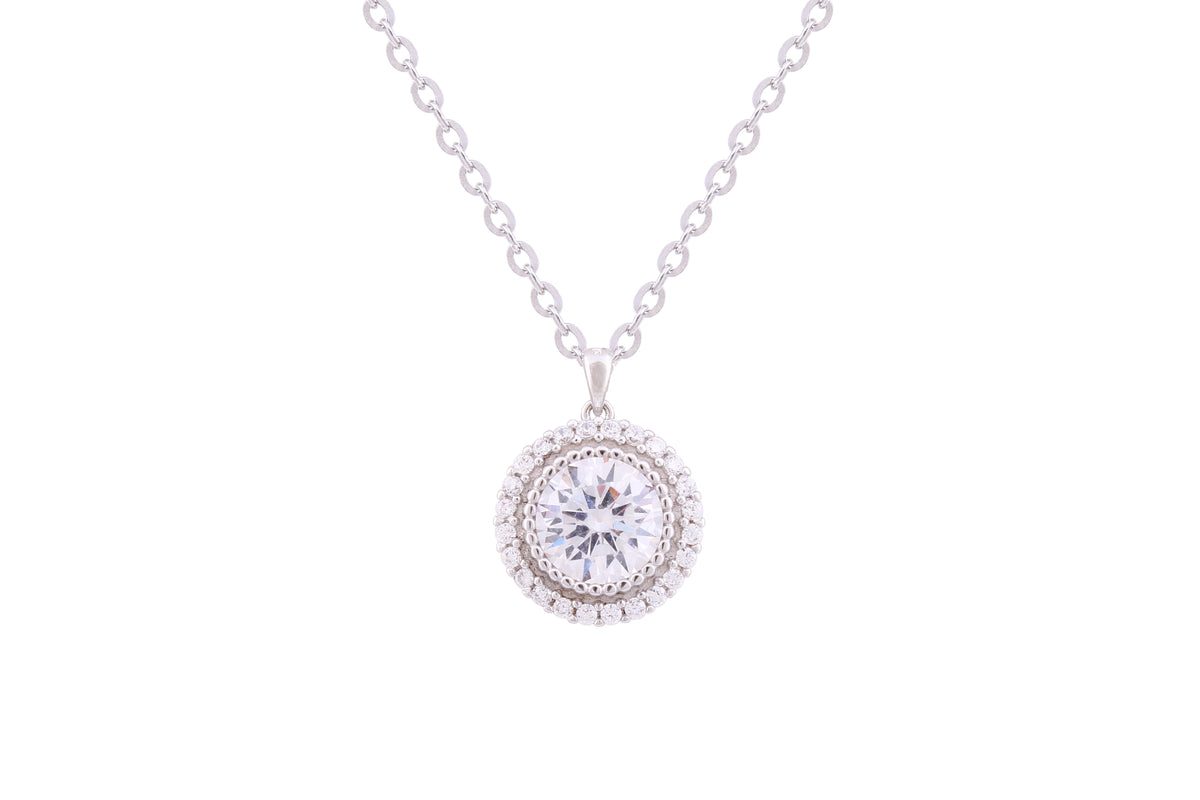 Asfour Crystal Chain Necklace With Round Zircon Halo Pendant In 925 Sterling Silver ND0264