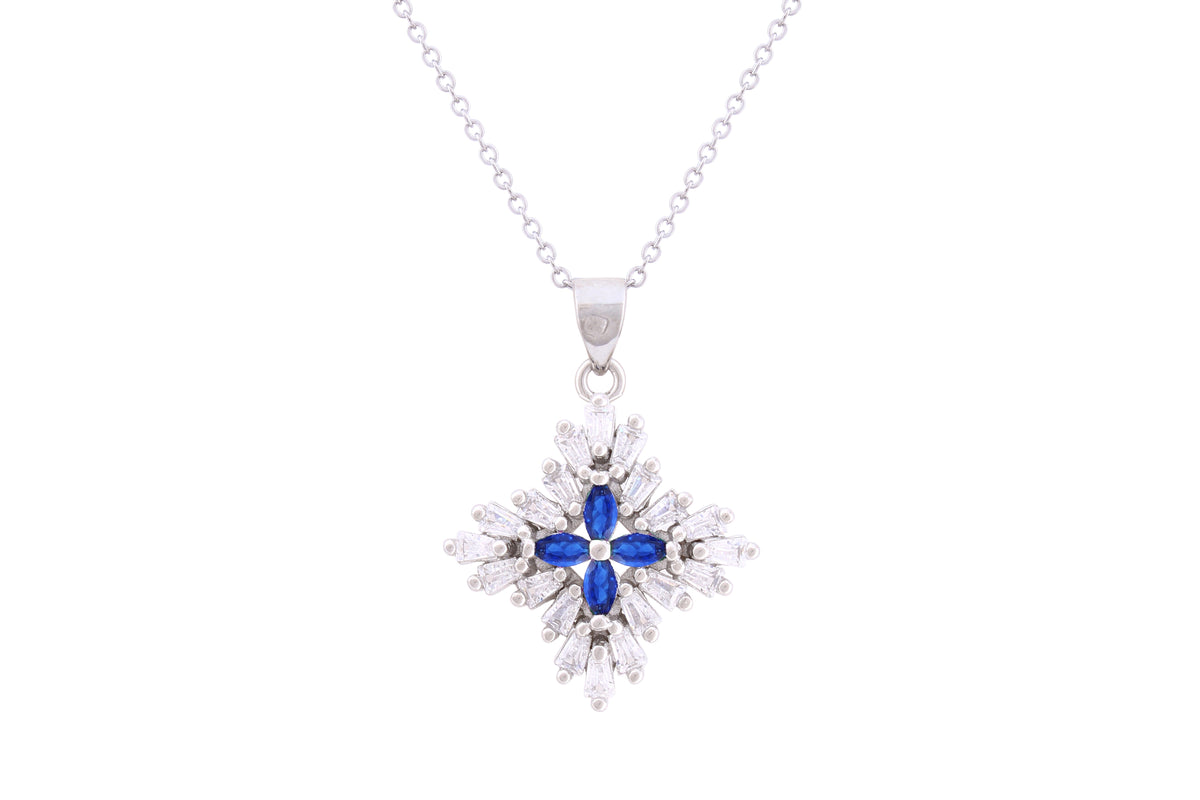 Asfour Crystal Chain Necklace With Blue Flower Pendant In 925 Sterling Silver ND0265-WB