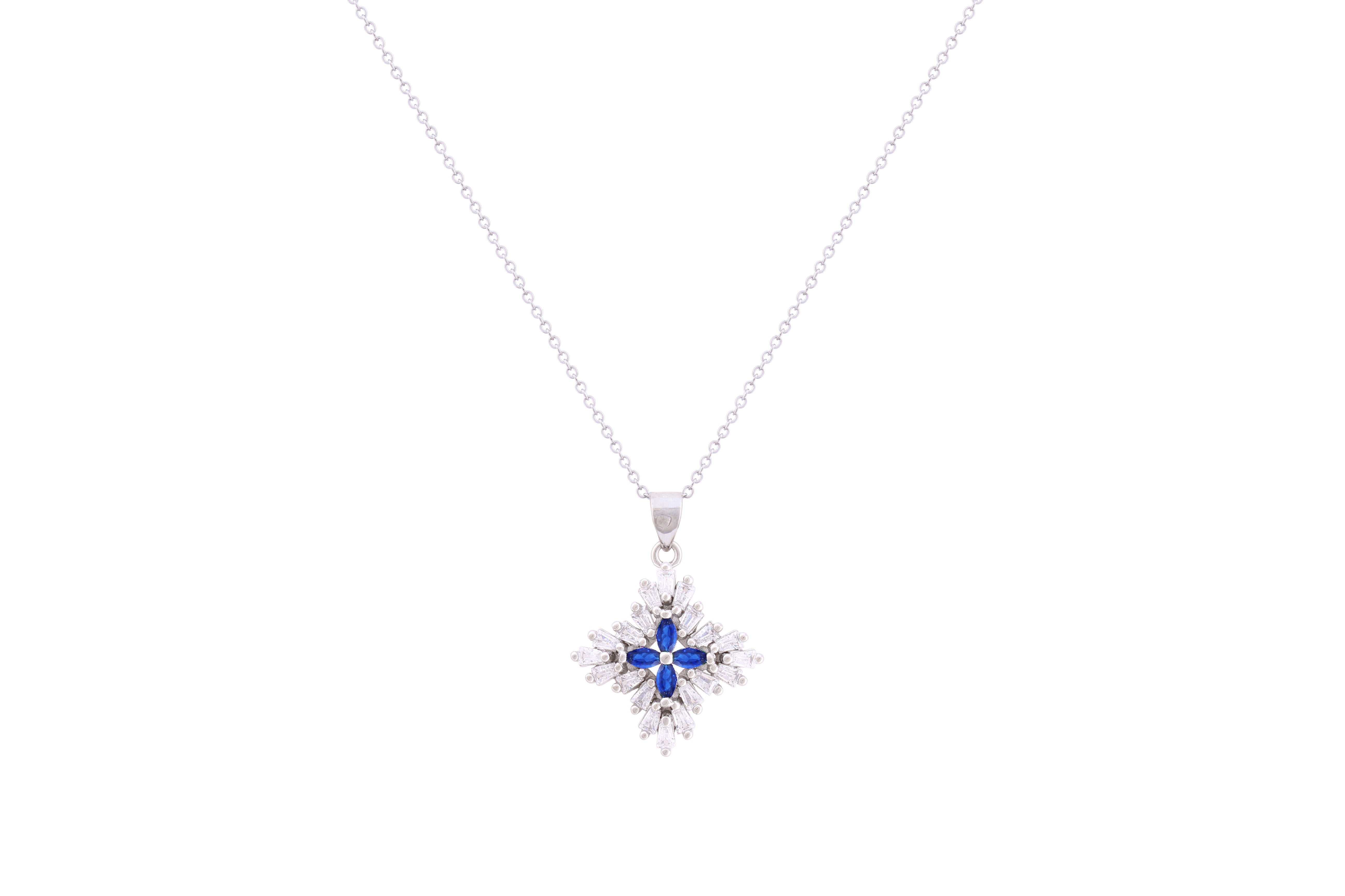 Asfour Crystal Chain Necklace With Blue Flower Pendant In 925 Sterling Silver ND0265-WB