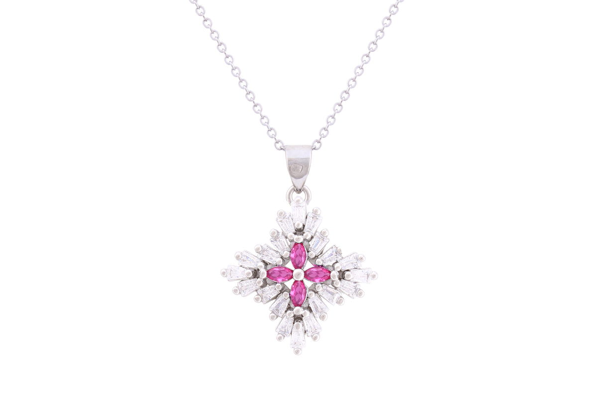 Asfour Crystal Chain Necklace With Fuchsia Flower Pendant In 925 Sterling Silver ND0265-WF