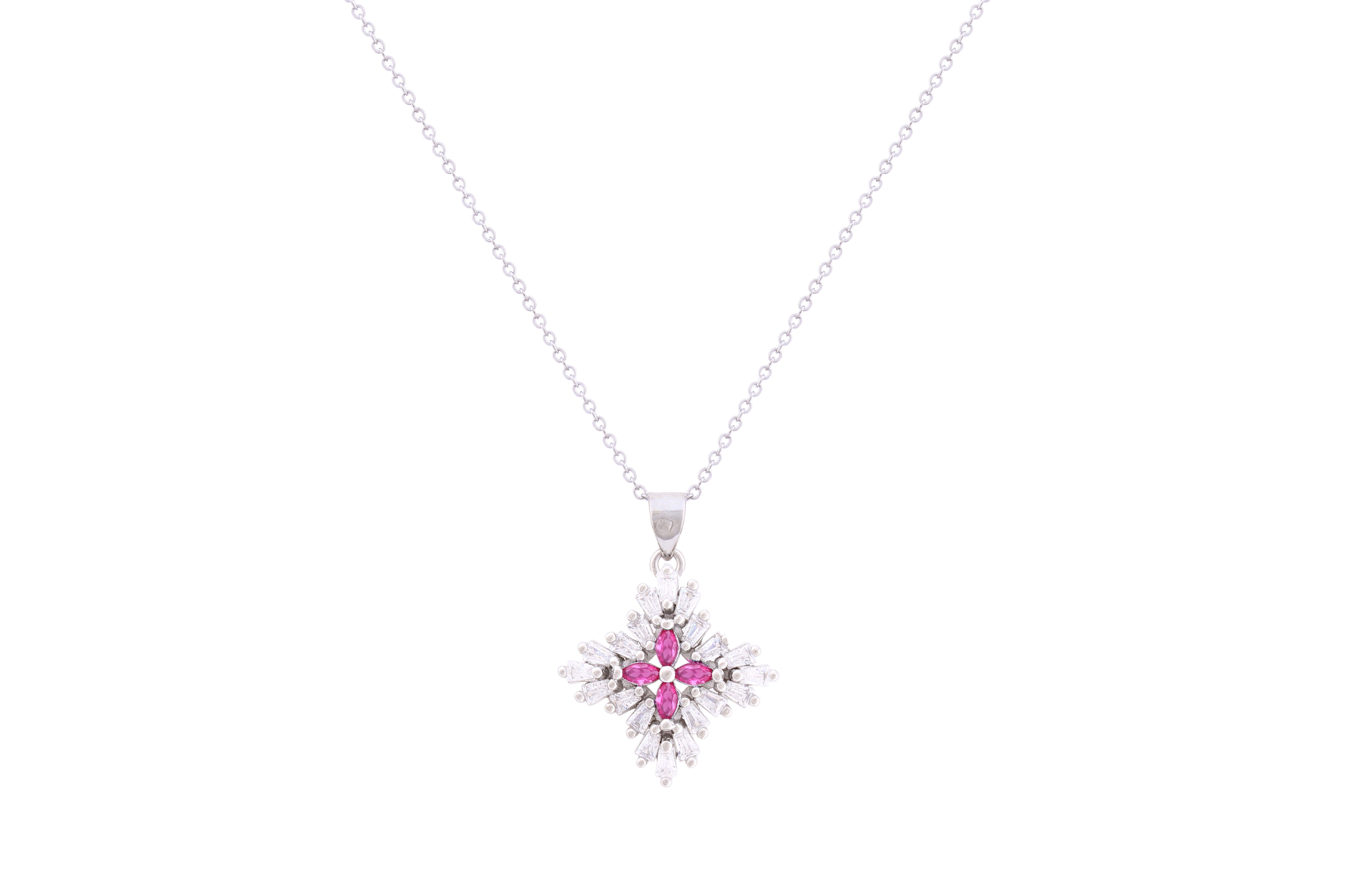 Asfour Crystal Chain Necklace With Fuchsia Flower Pendant In 925 Sterling Silver ND0265-WF