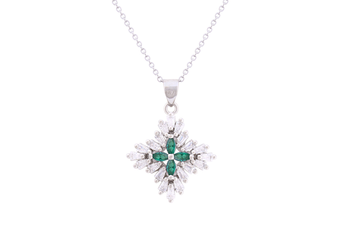 Asfour Crystal Chain Necklace With Emerald Flower Pendant In 925 Sterling Silver ND0265-WG